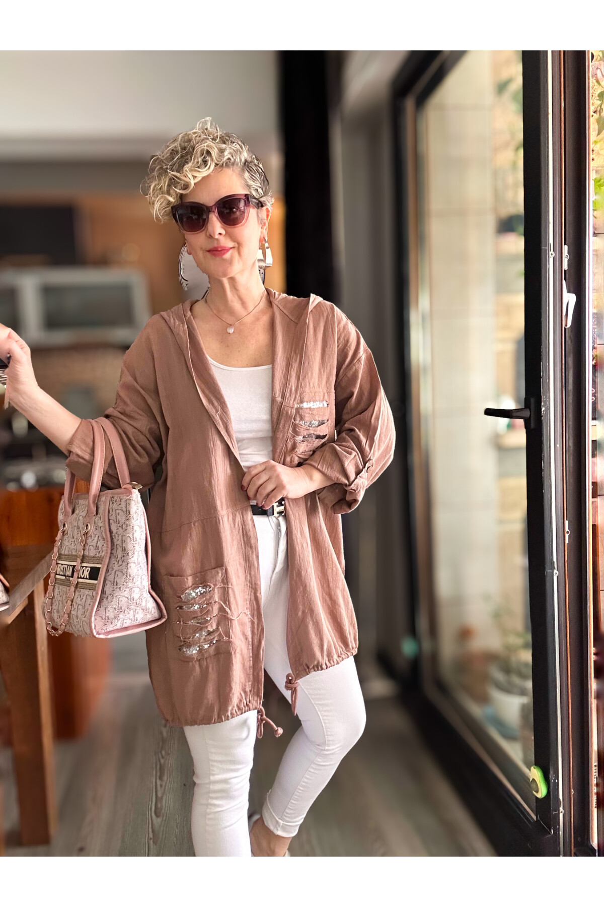 Mitti Cep Pul Payet Detay Kapşonlu Ceket Vizon