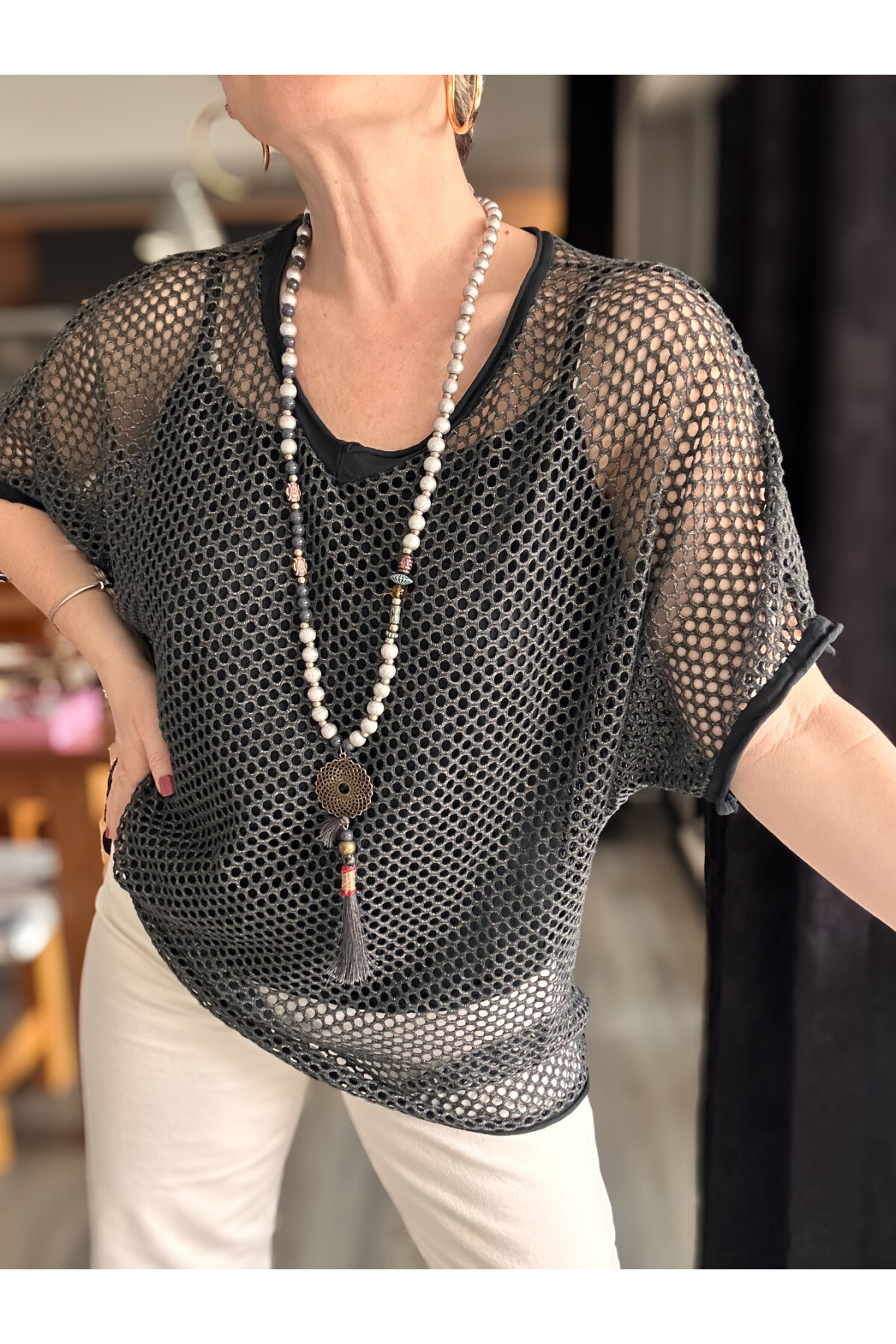 Motto İtalyan Fileli Atletli İkili Bluz Siyah