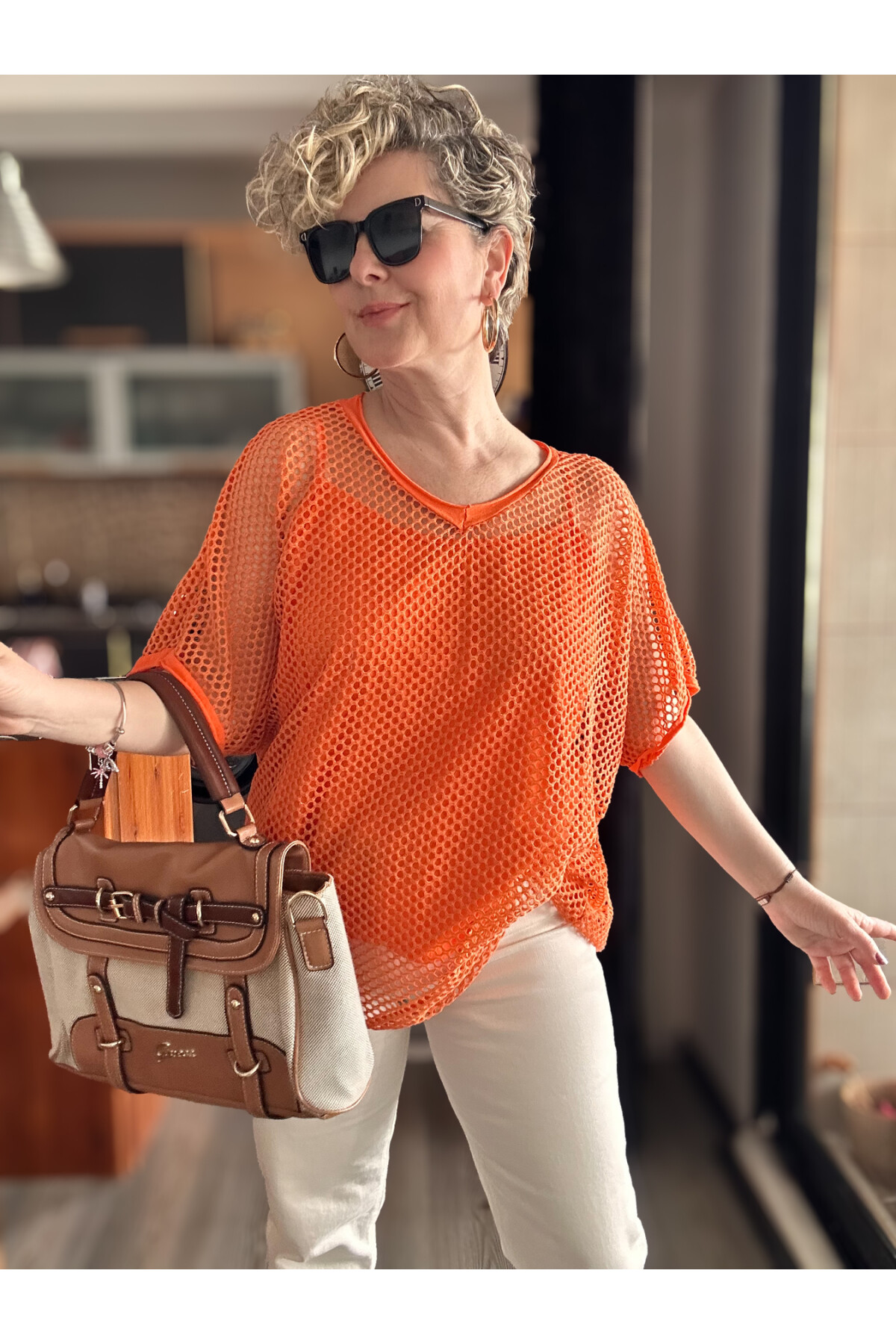 Motto İtalyan Fileli Atletli İkili Bluz Turuncu