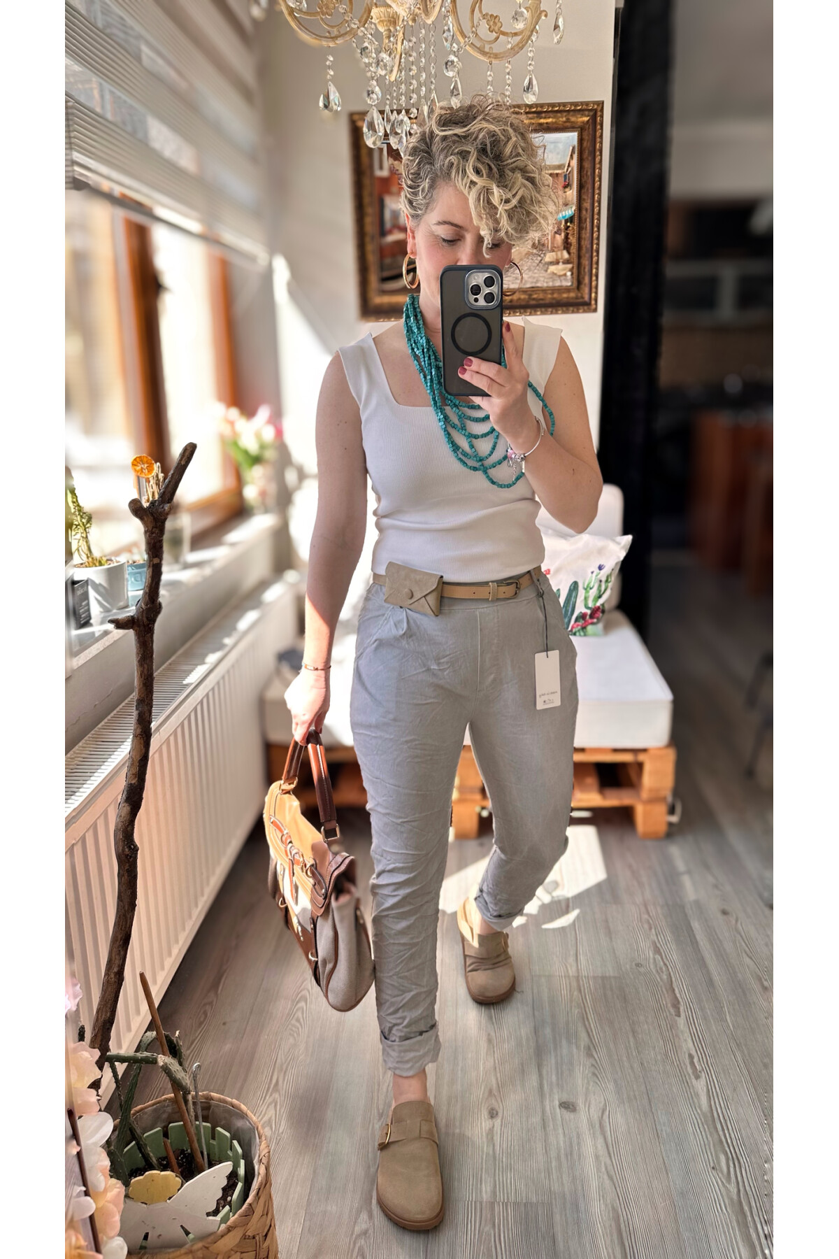 Nappa İtalyan Çanta Kemerli Sihirlli Pantolon Açık Gri