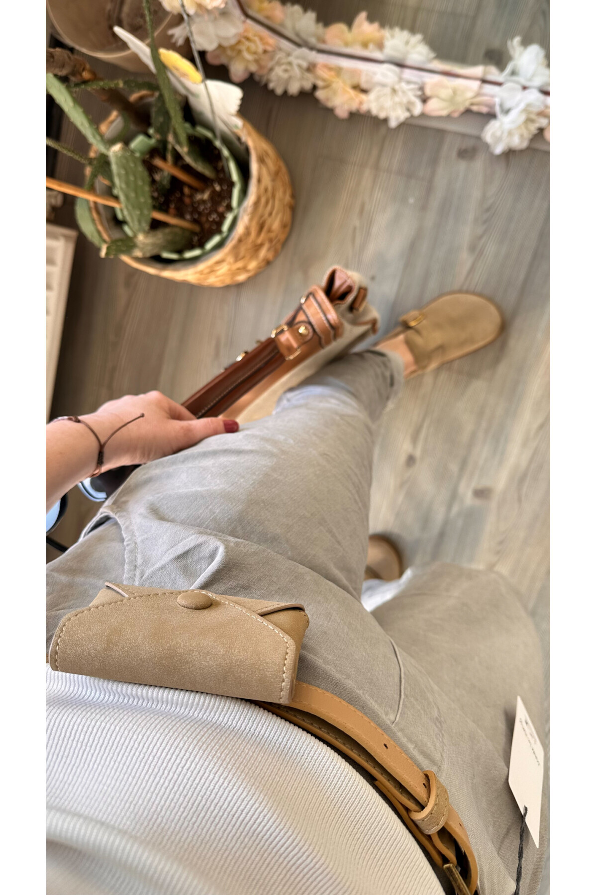 Nappa İtalyan Çanta Kemerli Sihirlli Pantolon Açık Gri