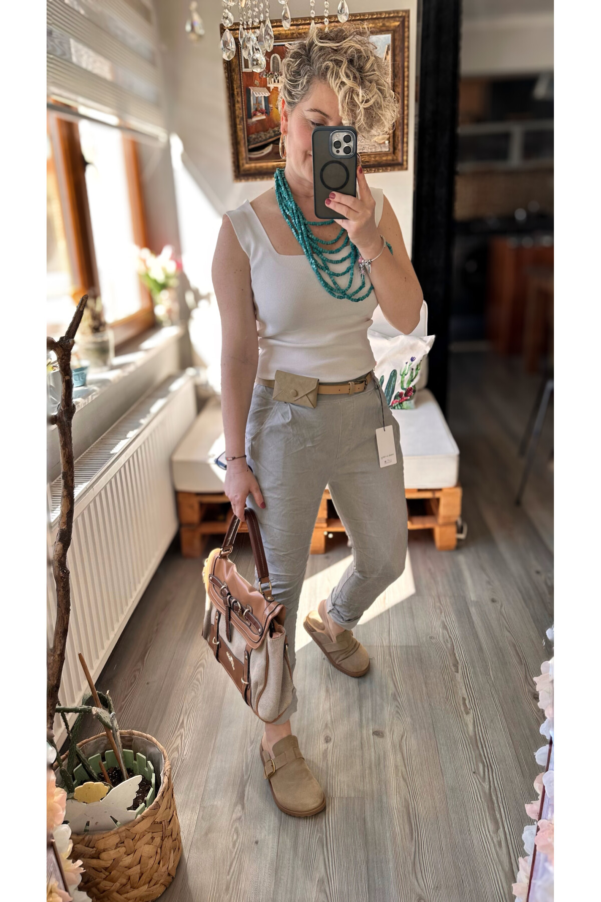 Nappa İtalyan Çanta Kemerli Sihirlli Pantolon Açık Gri