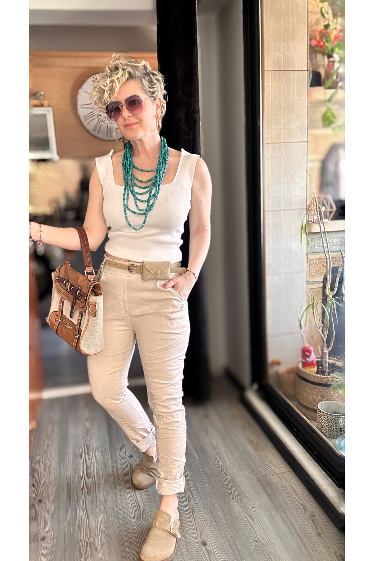 Nappa İtalyan Çanta Kemerli Sihirlli Pantolon Beige