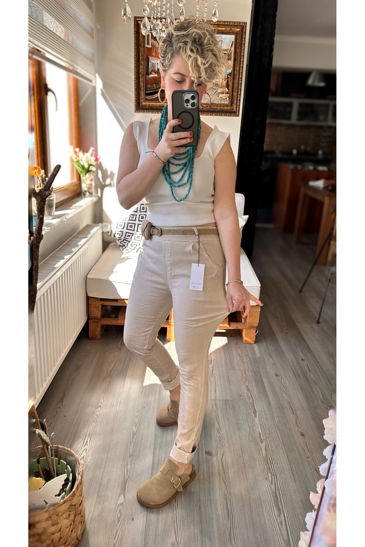 Nappa İtalyan Çanta Kemerli Sihirlli Pantolon Beige