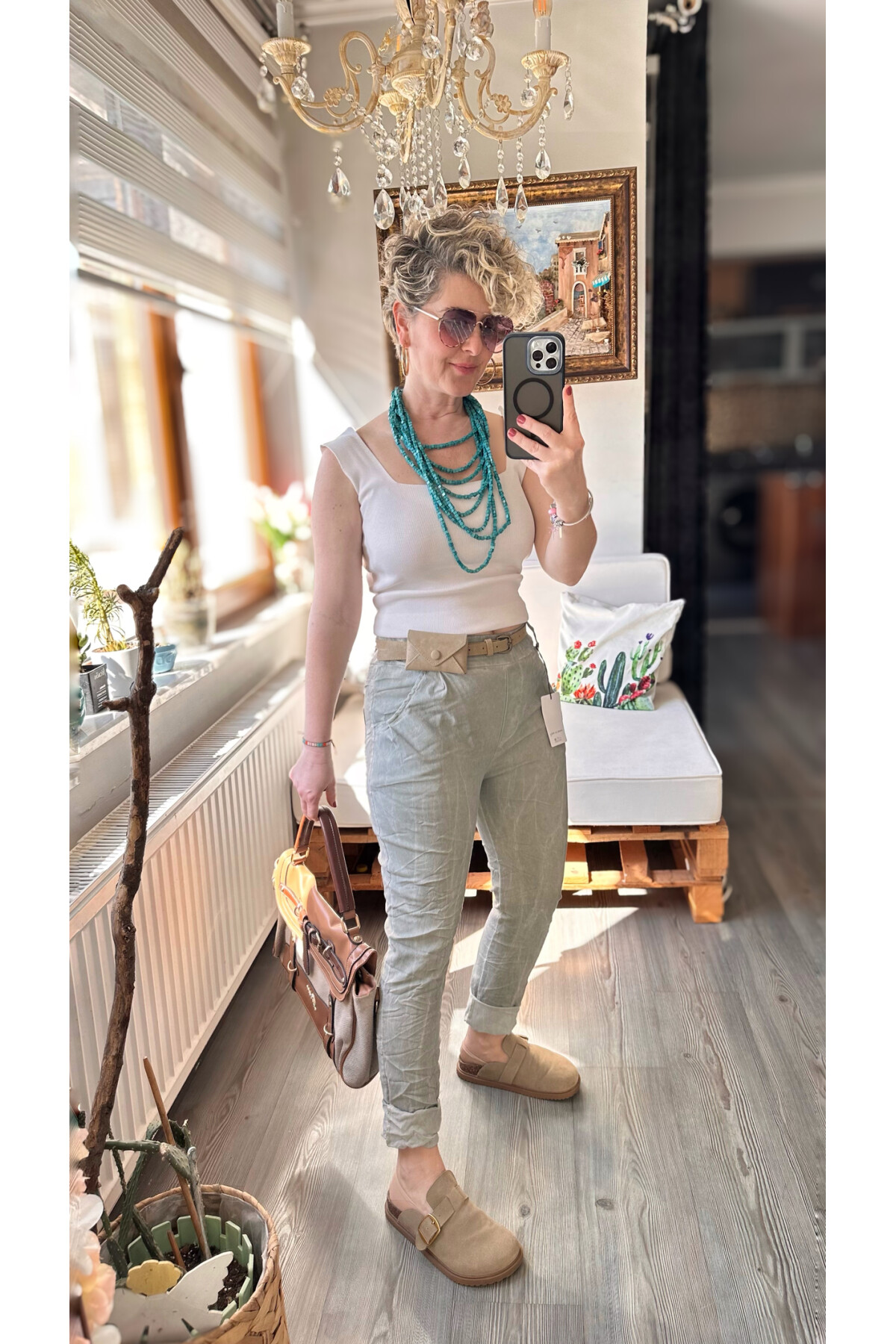 Nappa İtalyan Çanta Kemerli Sihirlli Pantolon Çağla