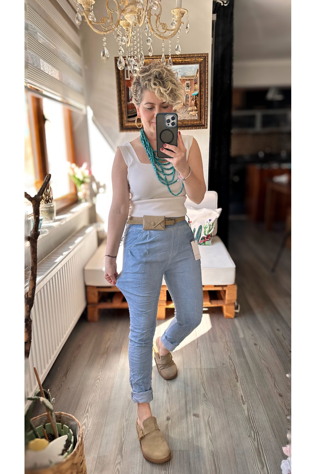 Nappa İtalyan Çanta Kemerli Sihirlli Pantolon Mavi