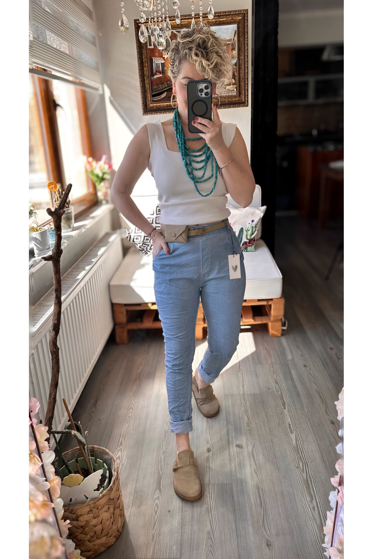 Nappa İtalyan Çanta Kemerli Sihirlli Pantolon Mavi