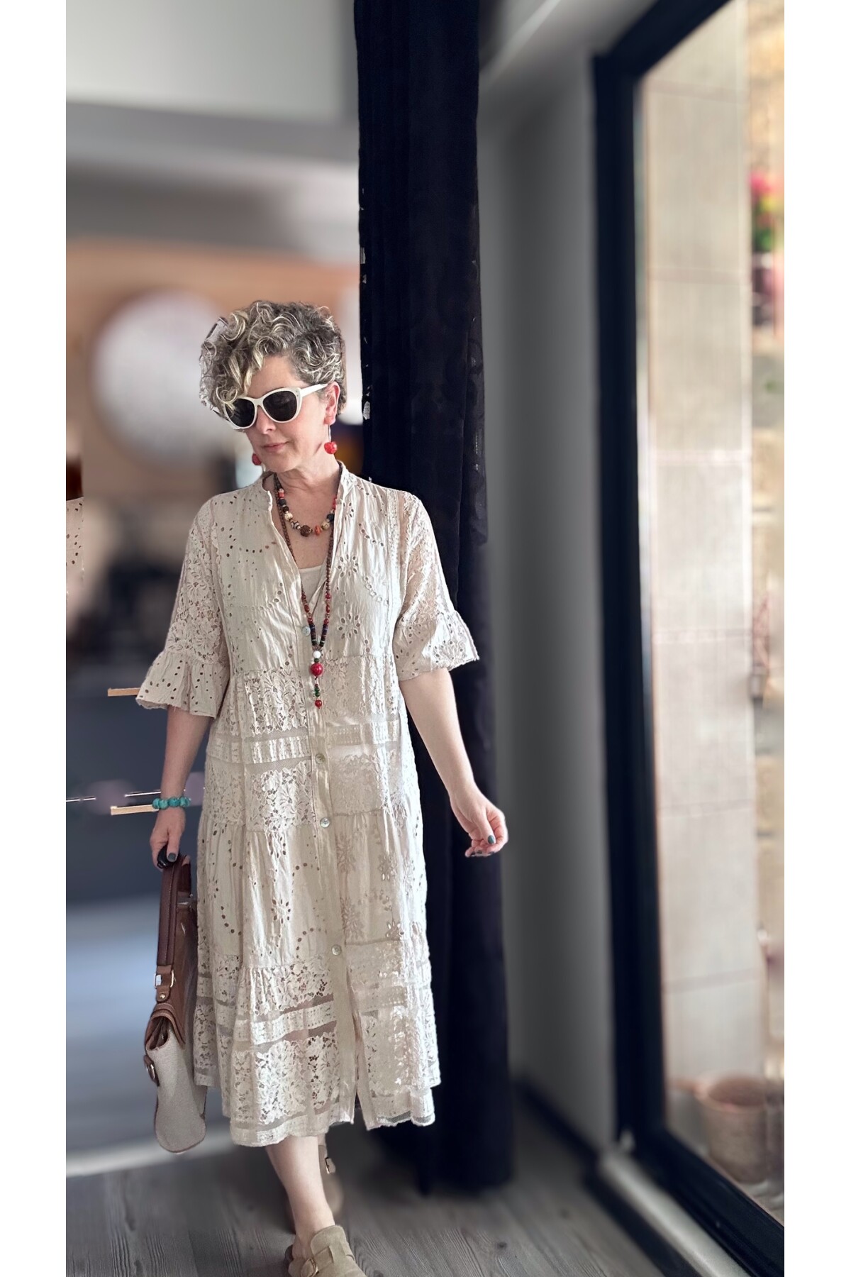 Nessi İtalyan Brode Gömlek Elbise Beige