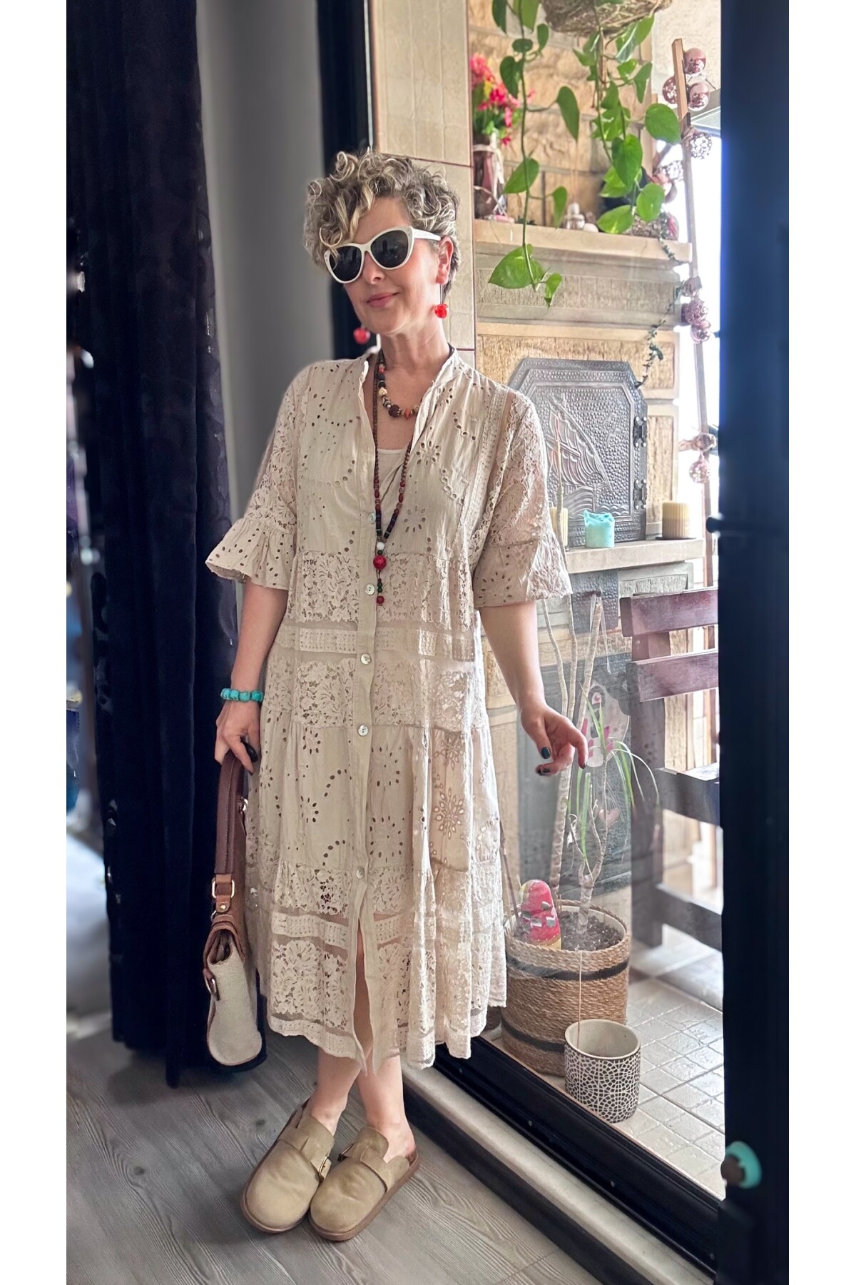 Nessi İtalyan Brode Gömlek Elbise Beige