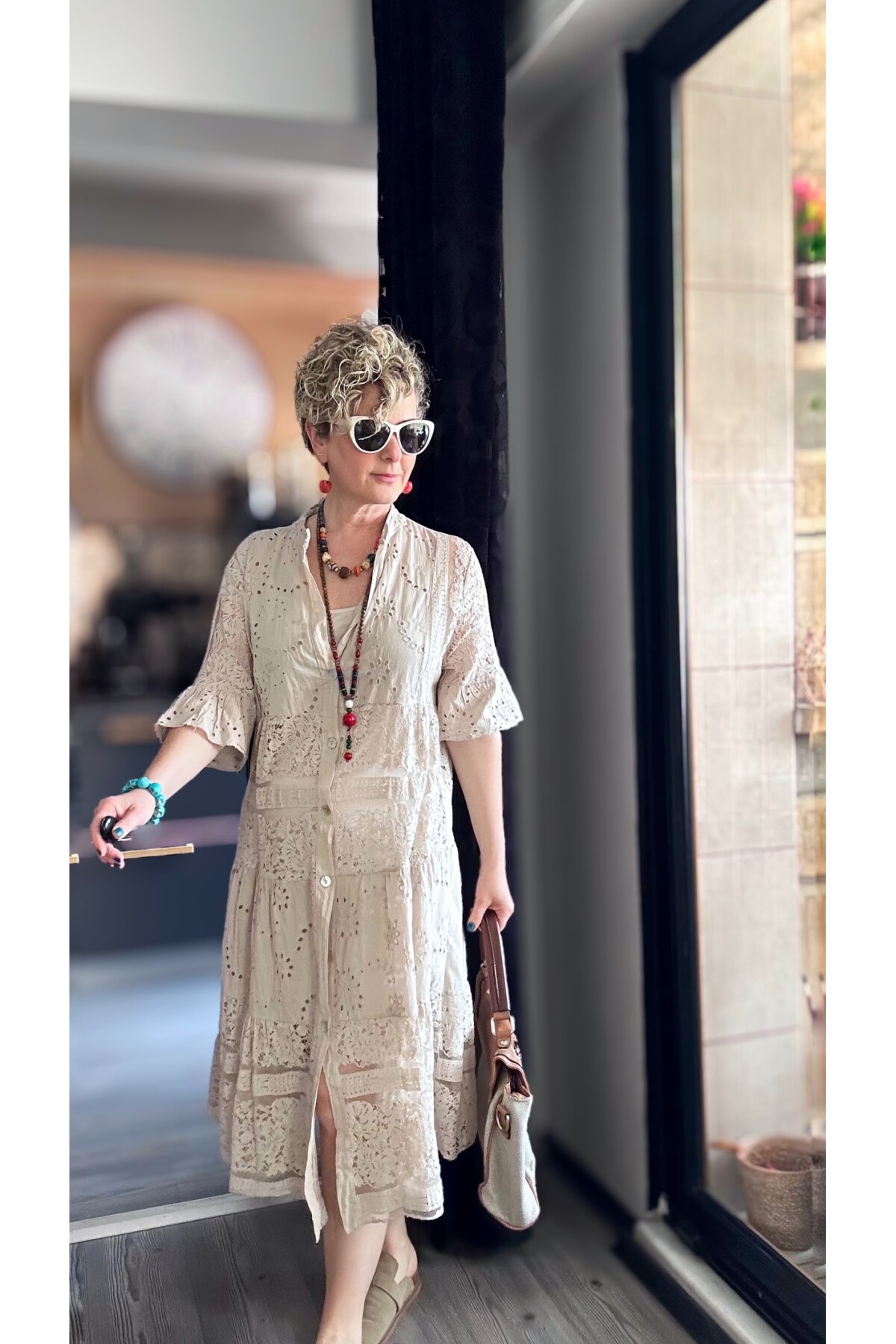 Nessi İtalyan Brode Gömlek Elbise Beige