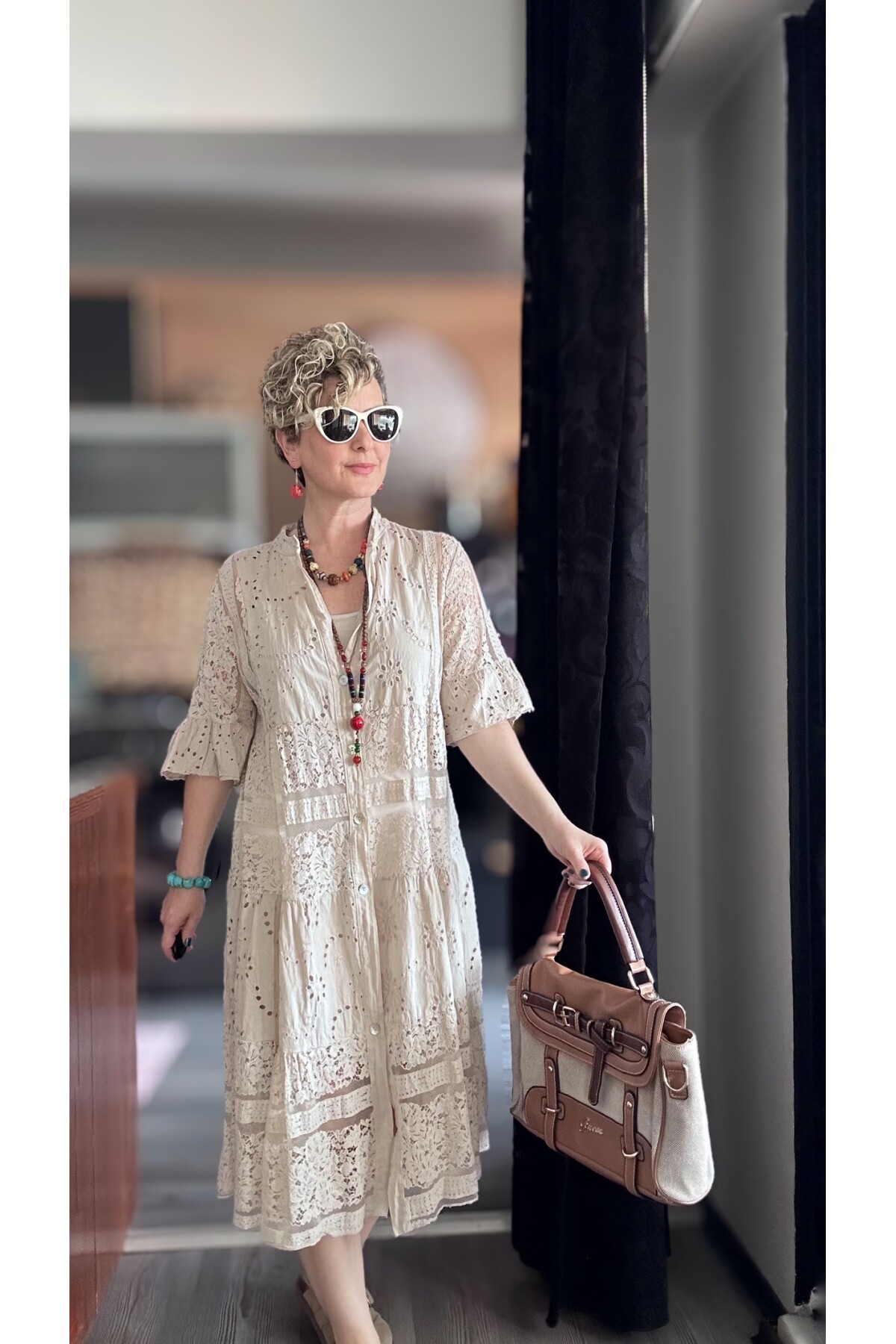 Nessi İtalyan Brode Gömlek Elbise Beige