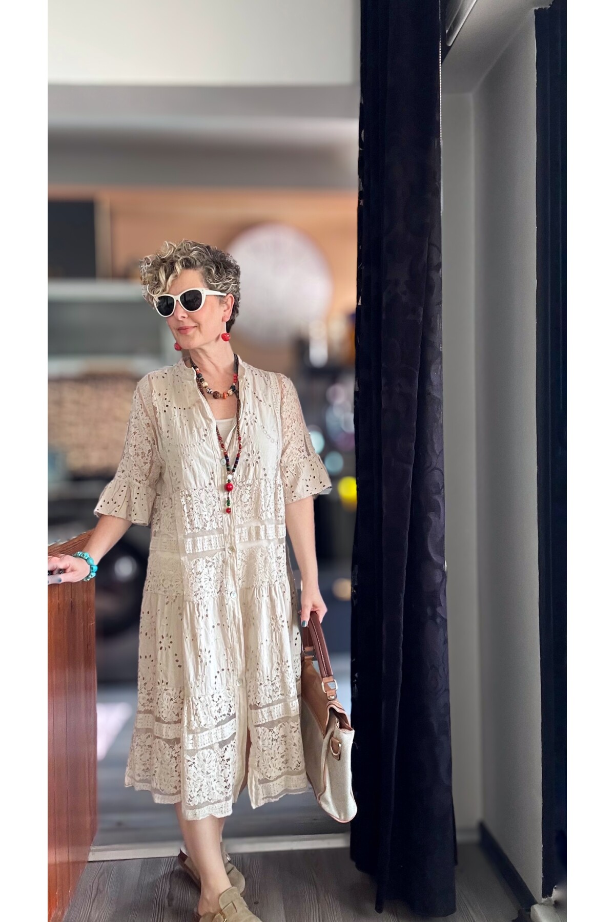 Nessi İtalyan Brode Gömlek Elbise Beige