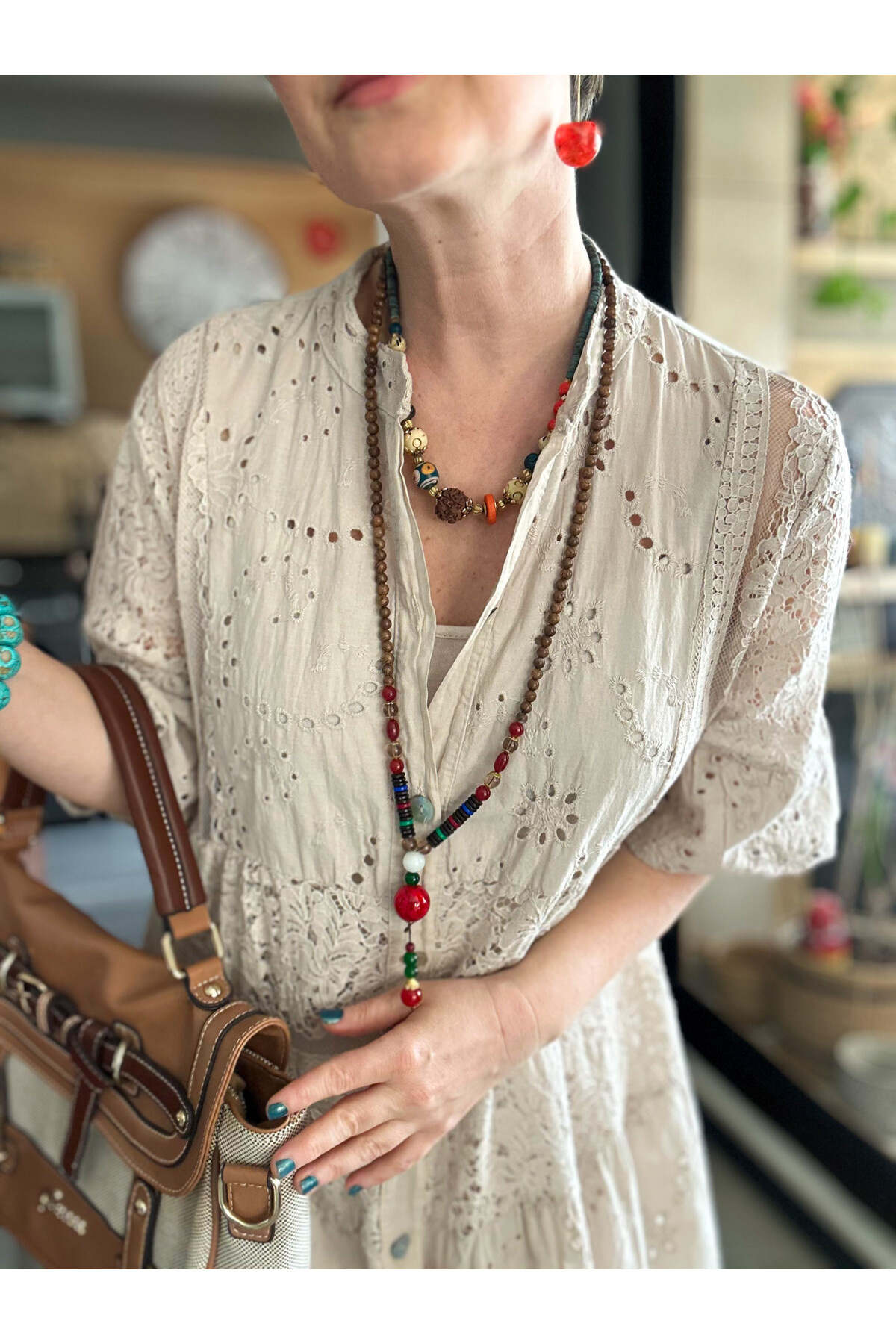 Nessi İtalyan Brode Gömlek Elbise Beige