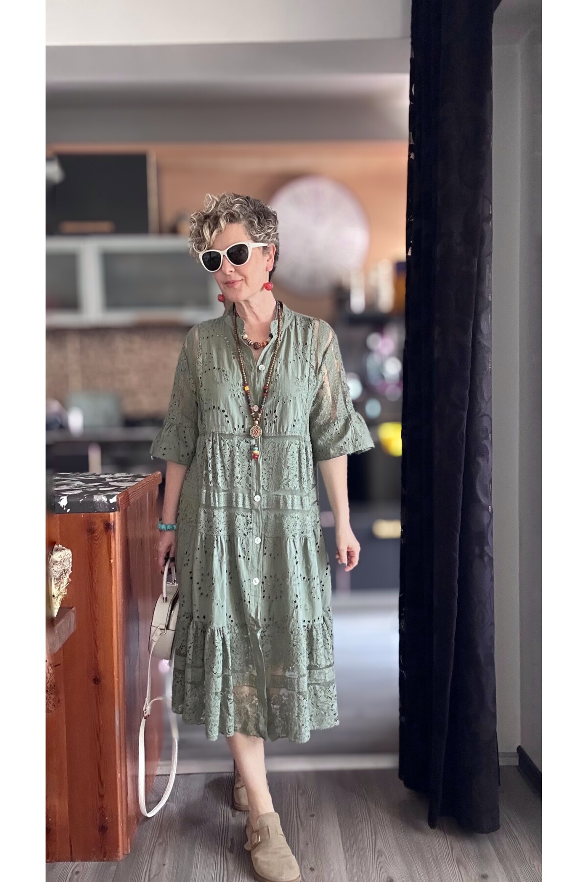 Nessi İtalyan Brode Gömlek Elbise Haki Yeşil