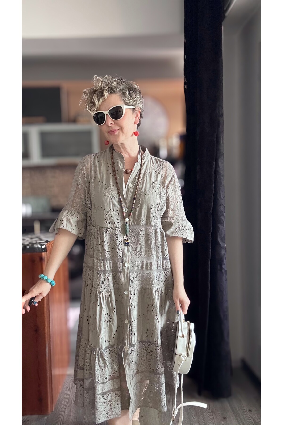 Nessi İtalyan Brode Gömlek Elbise Vizon