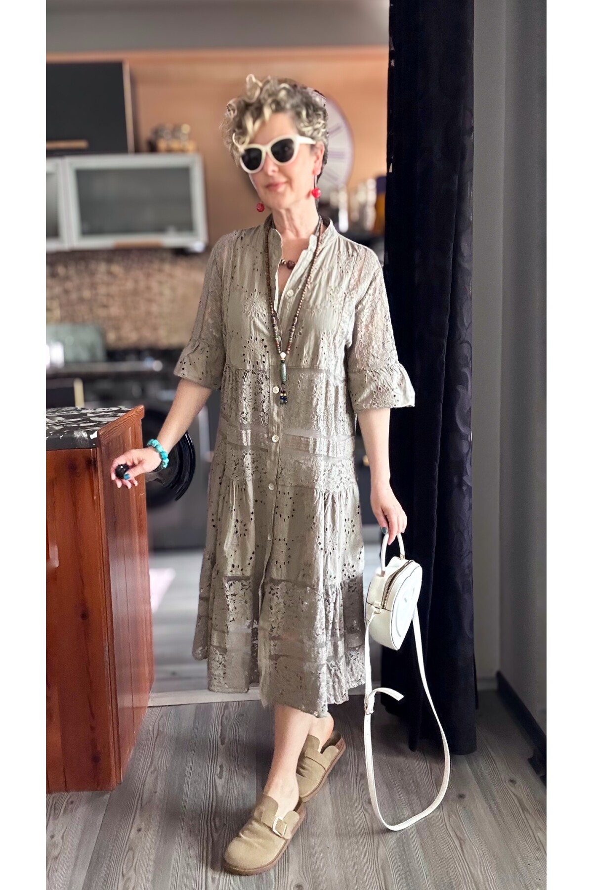 Nessi İtalyan Brode Gömlek Elbise Vizon