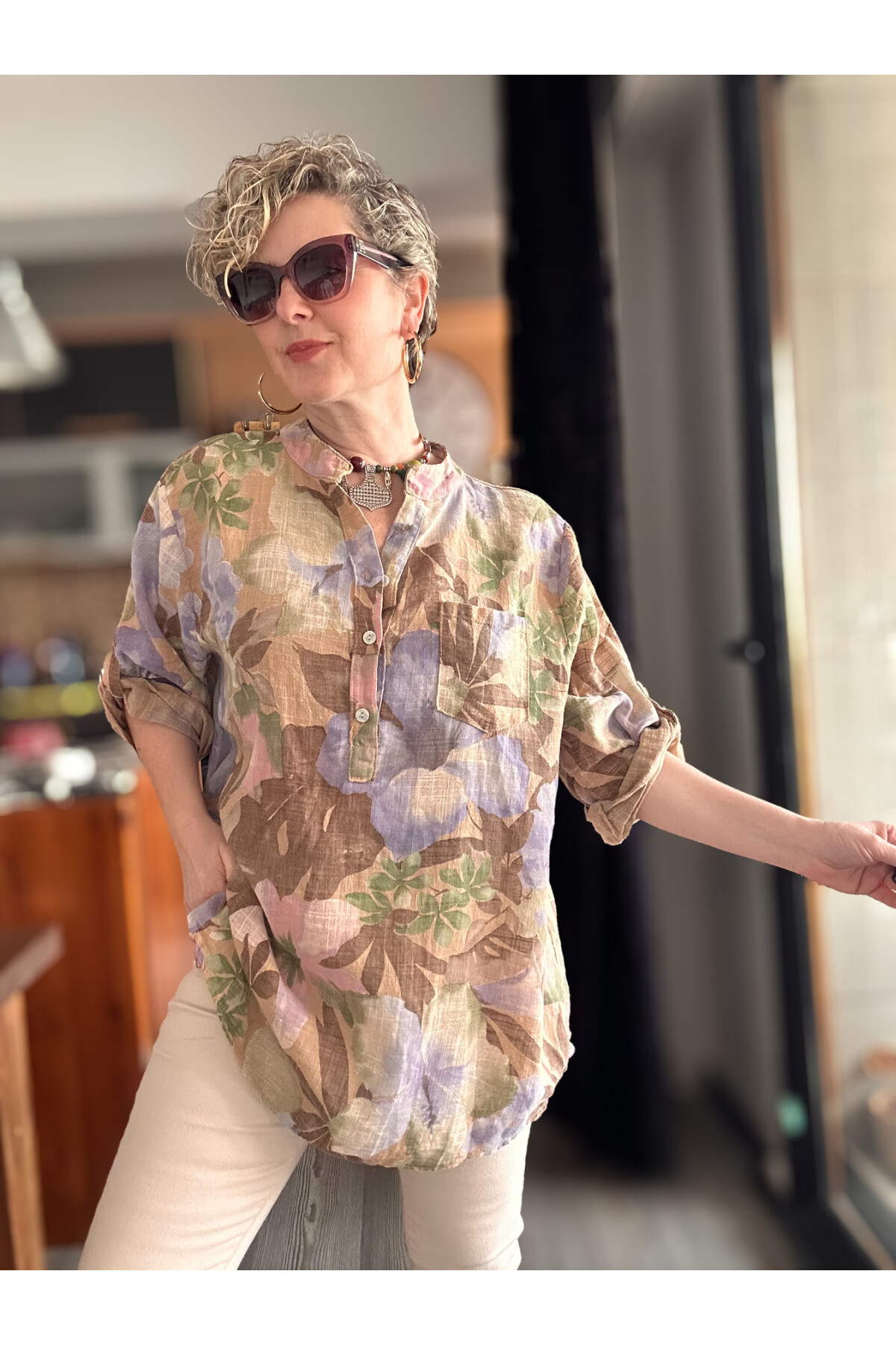 Netti Zambak Desen İtalyan Gömlek Beige