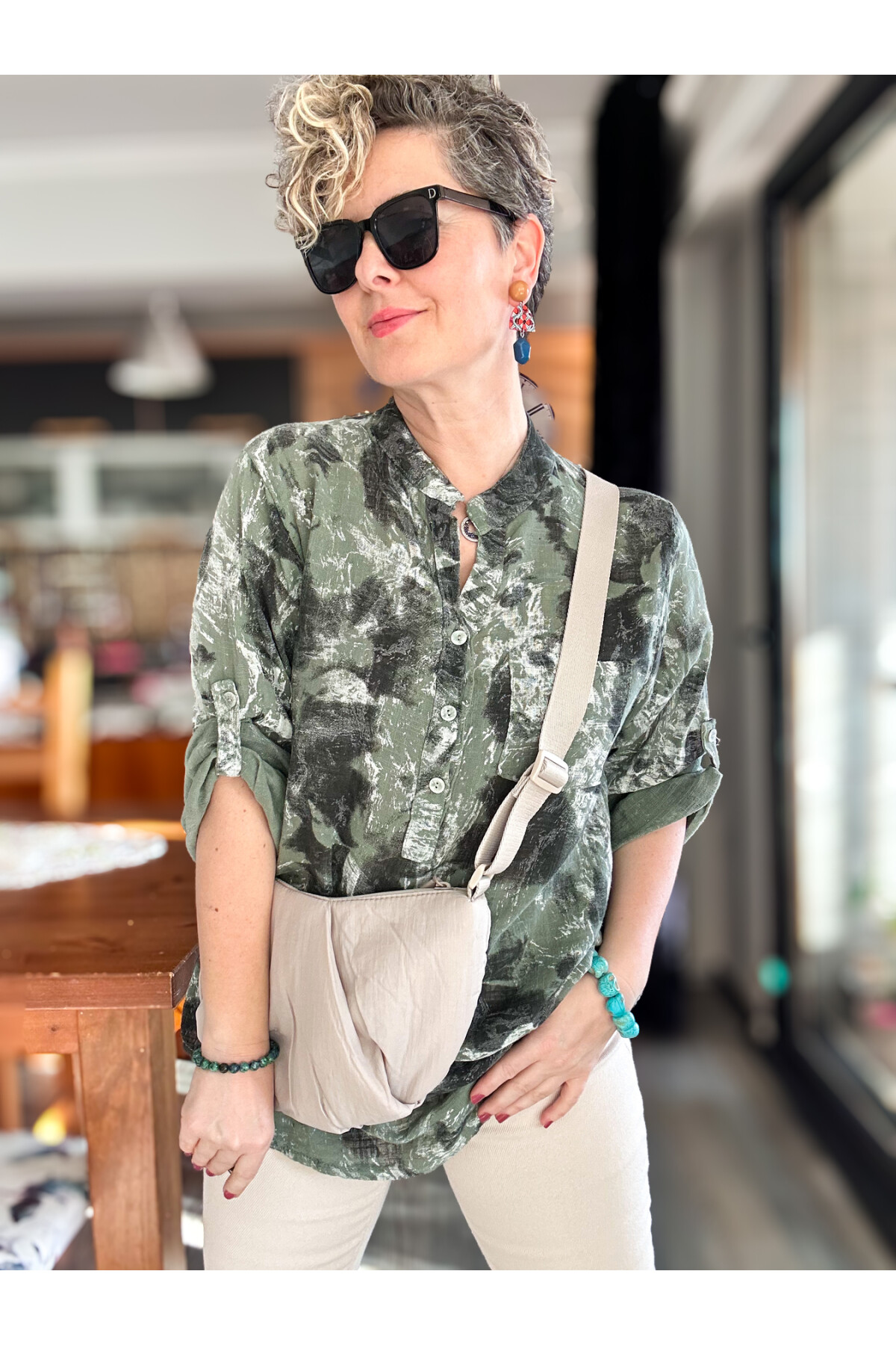 Noce Sarmal Batik Desen İtalyan Gömlek Haki Yeşil