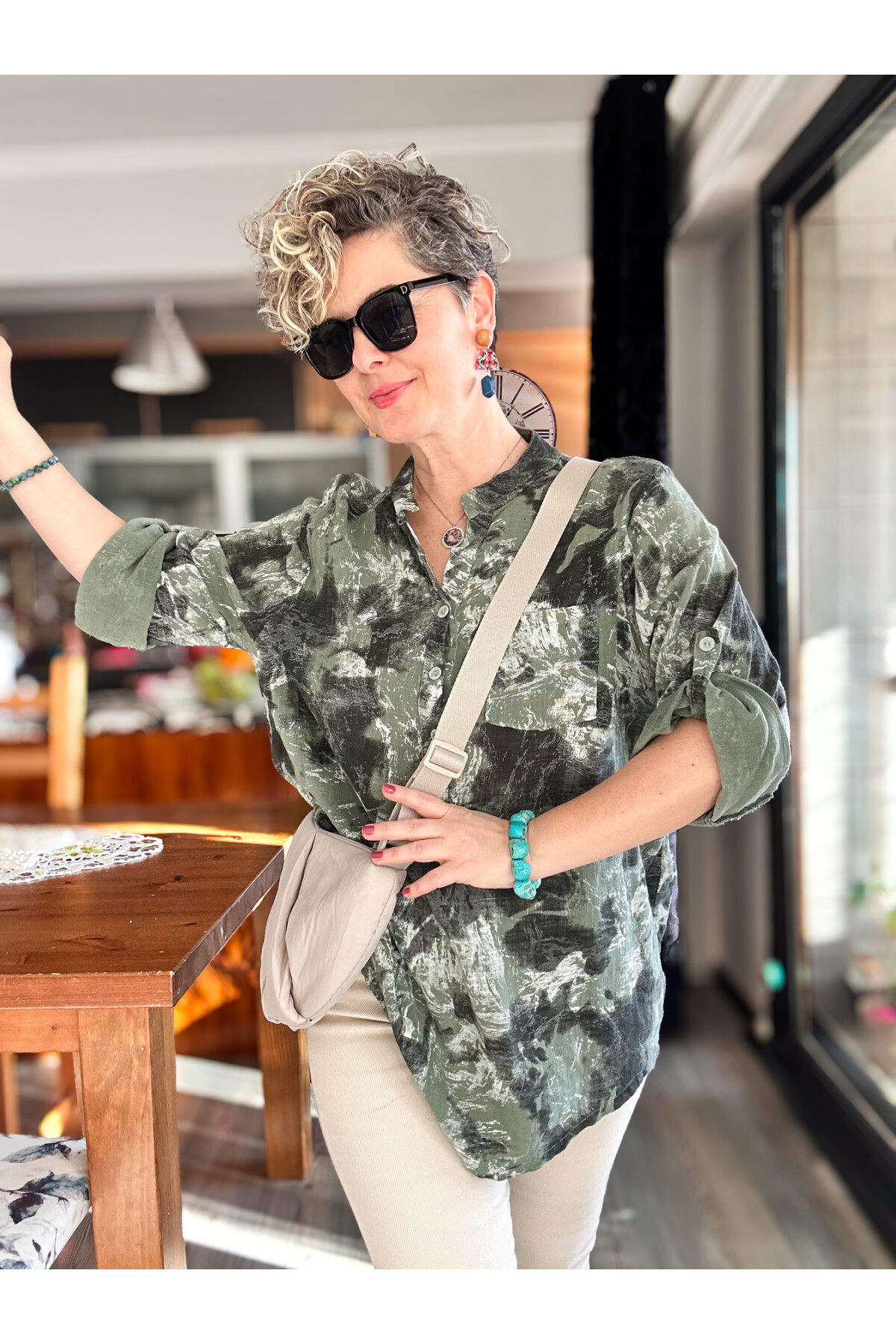 Noce Sarmal Batik Desen İtalyan Gömlek Haki Yeşil