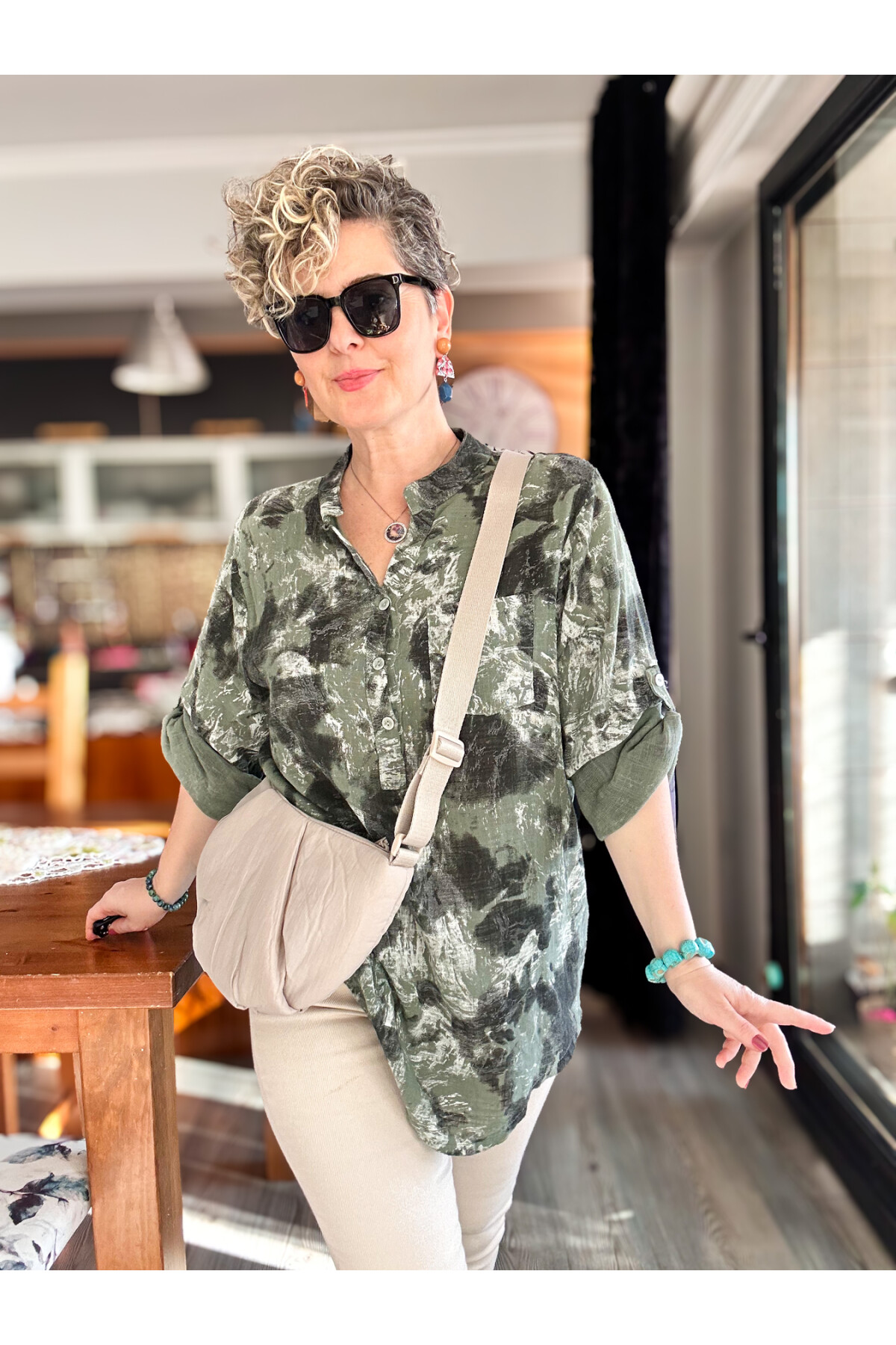 Noce Sarmal Batik Desen İtalyan Gömlek Haki Yeşil