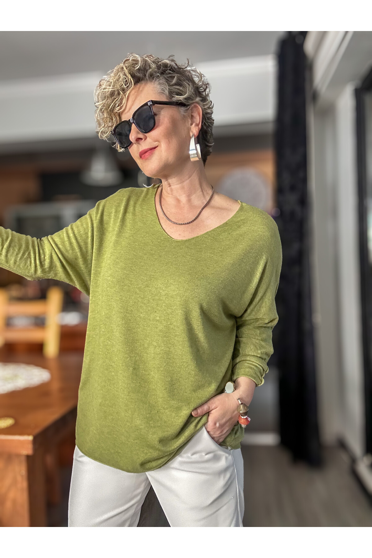 Nonna İthal V Yaka Tasarım Triko Fıstık Yeşil