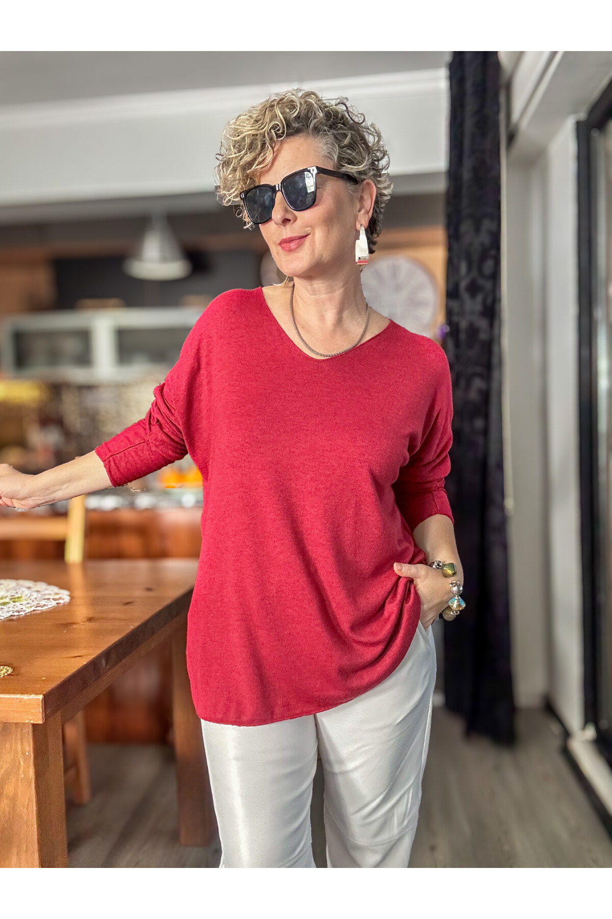 Nonna İthal V Yaka Tasarım Triko İndian Red