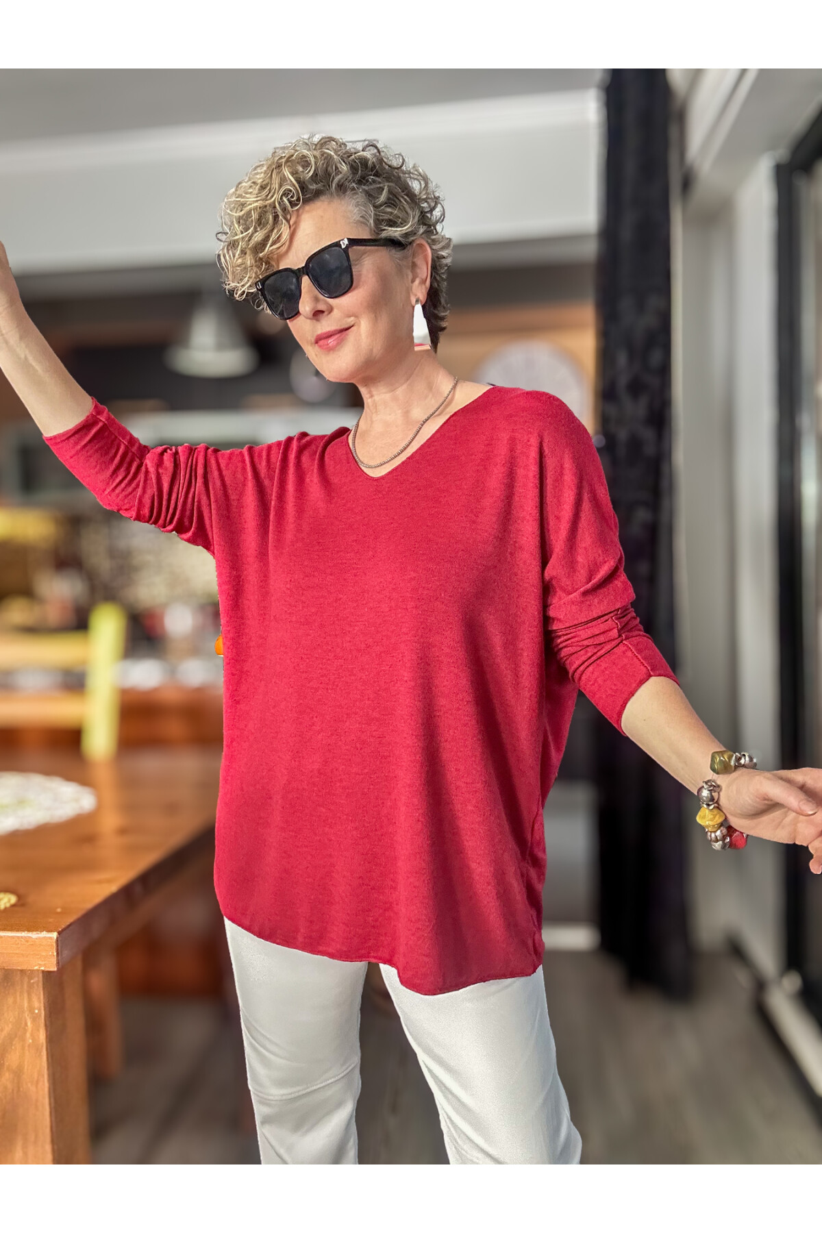 Nonna İthal V Yaka Tasarım Triko İndian Red