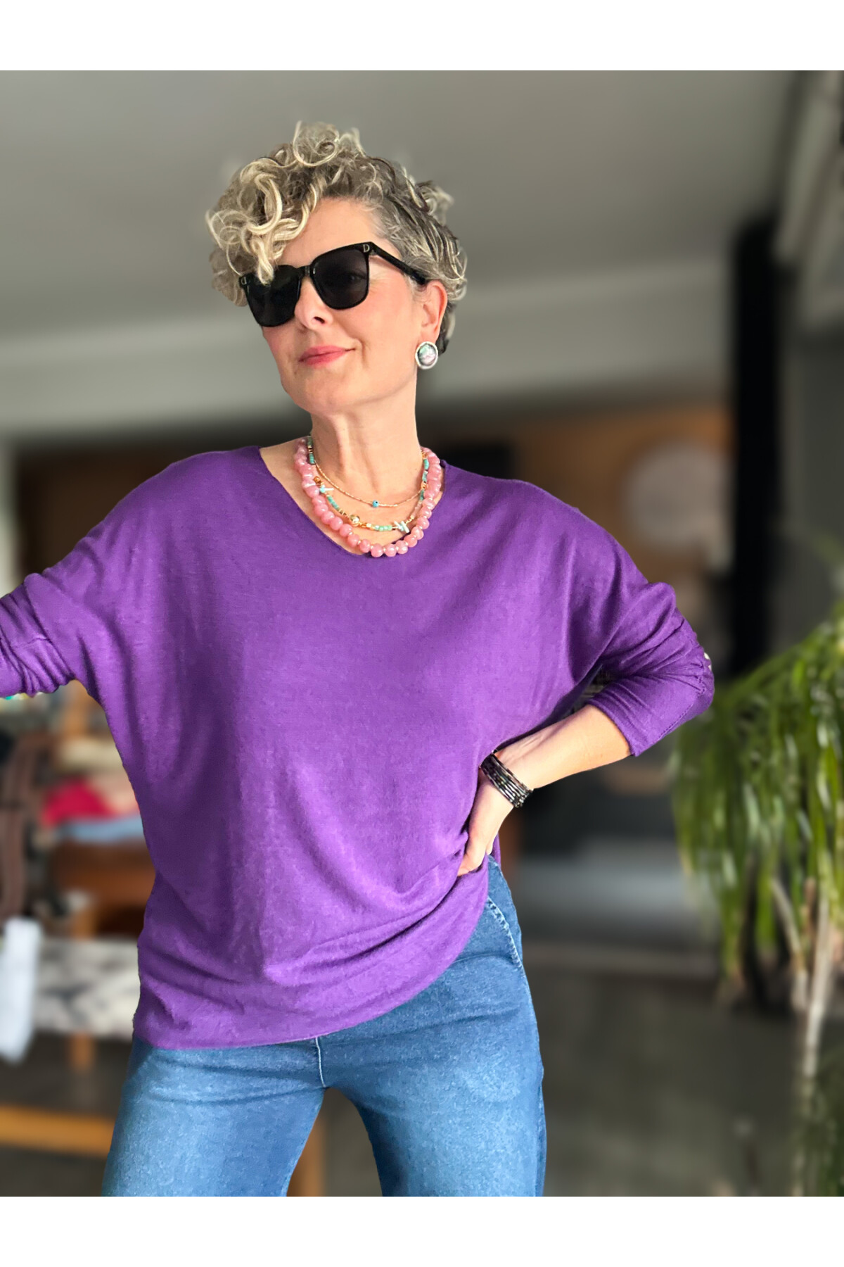 Nonna İthal V Yaka Tasarım Triko Menekşe