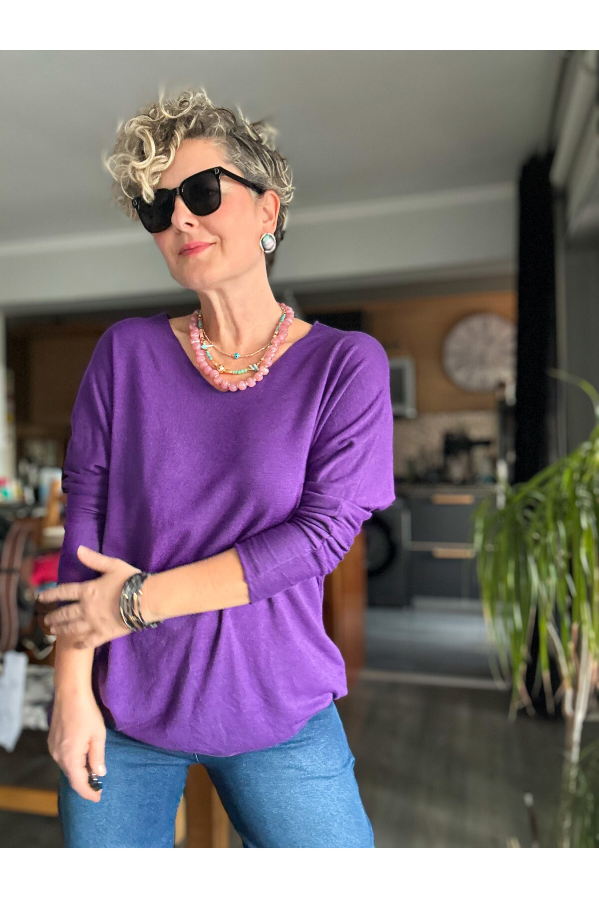 Nonna İthal V Yaka Tasarım Triko Menekşe