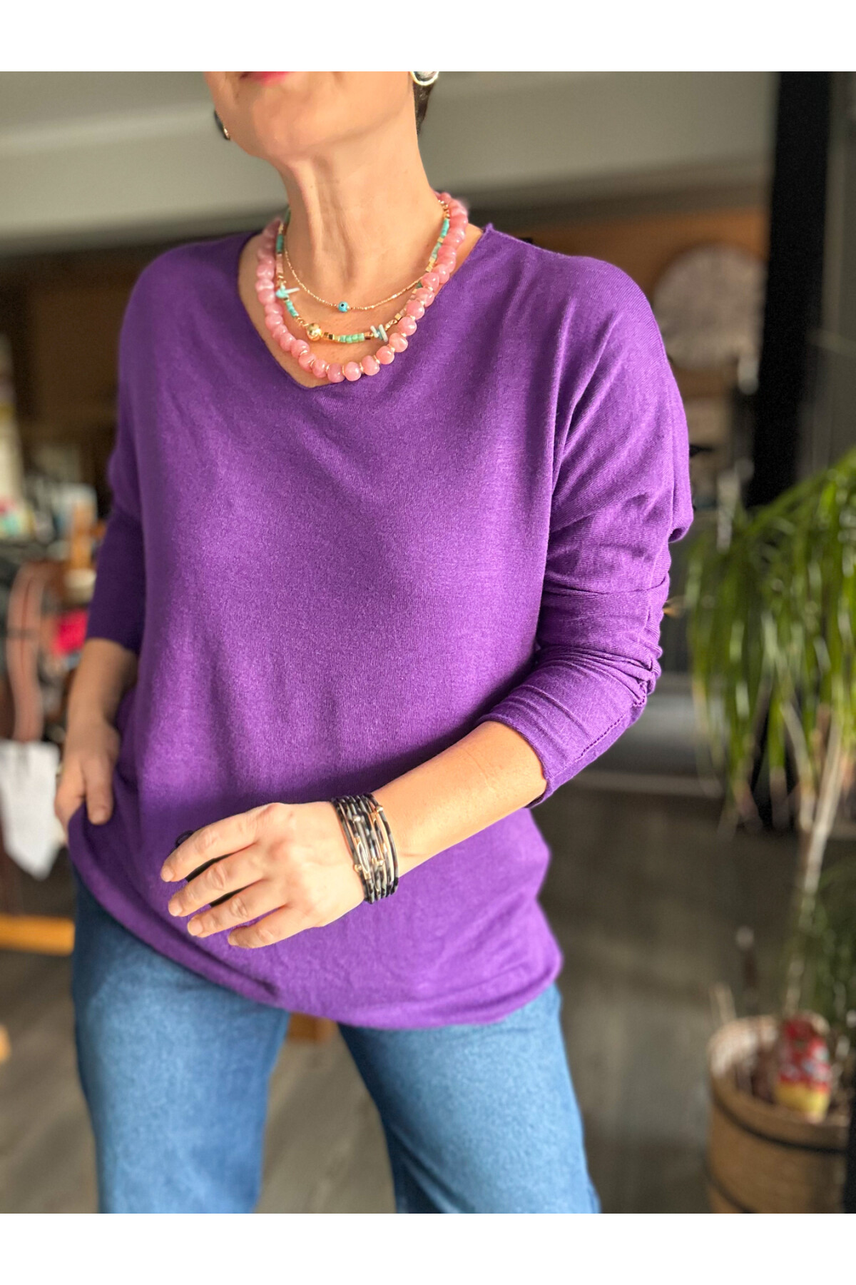 Nonna İthal V Yaka Tasarım Triko Menekşe