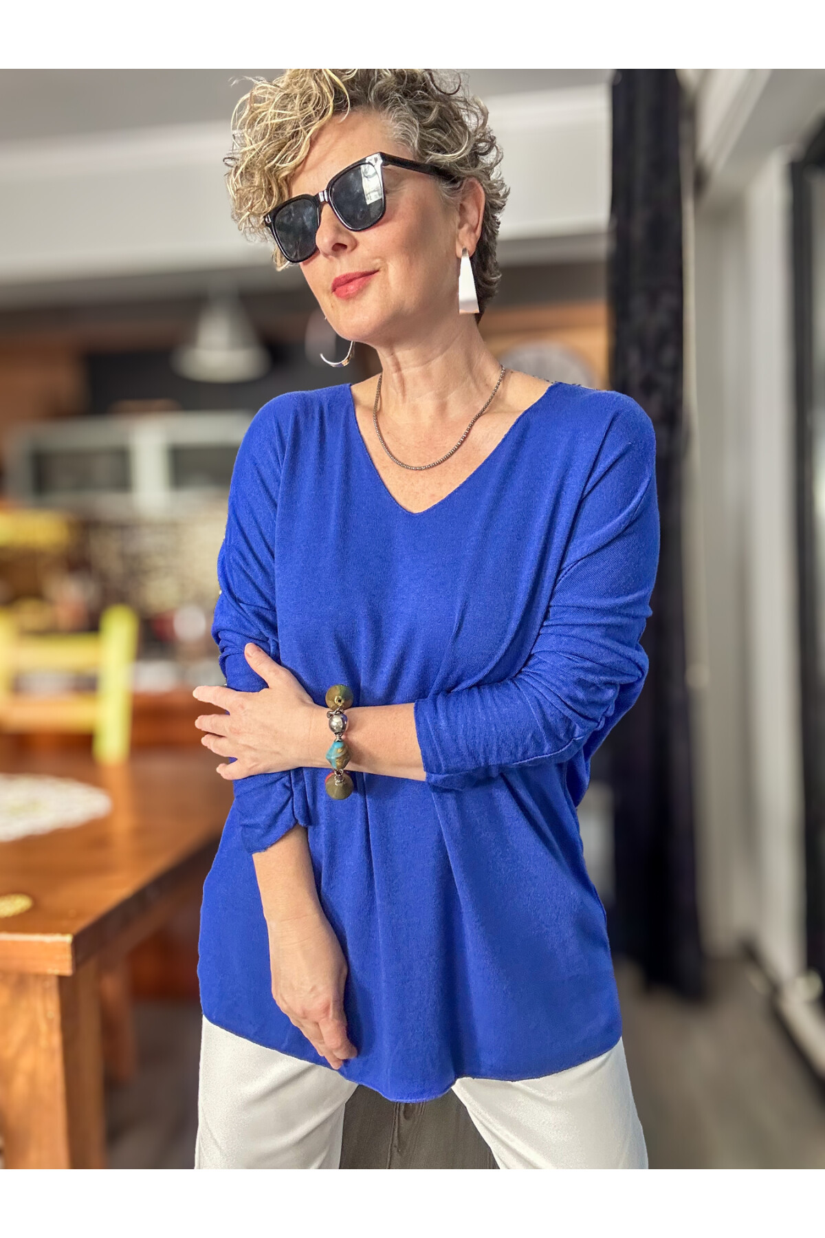 Nonna İthal V Yaka Tasarım Triko Saks Mavi