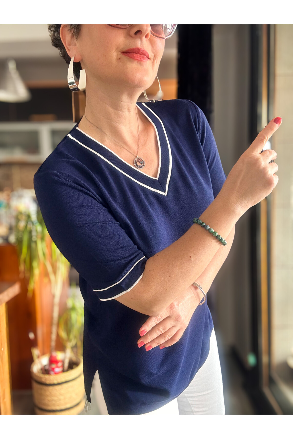 Orfe V Yaka Ve Kol Çizgili Triko Bluz Lacivert