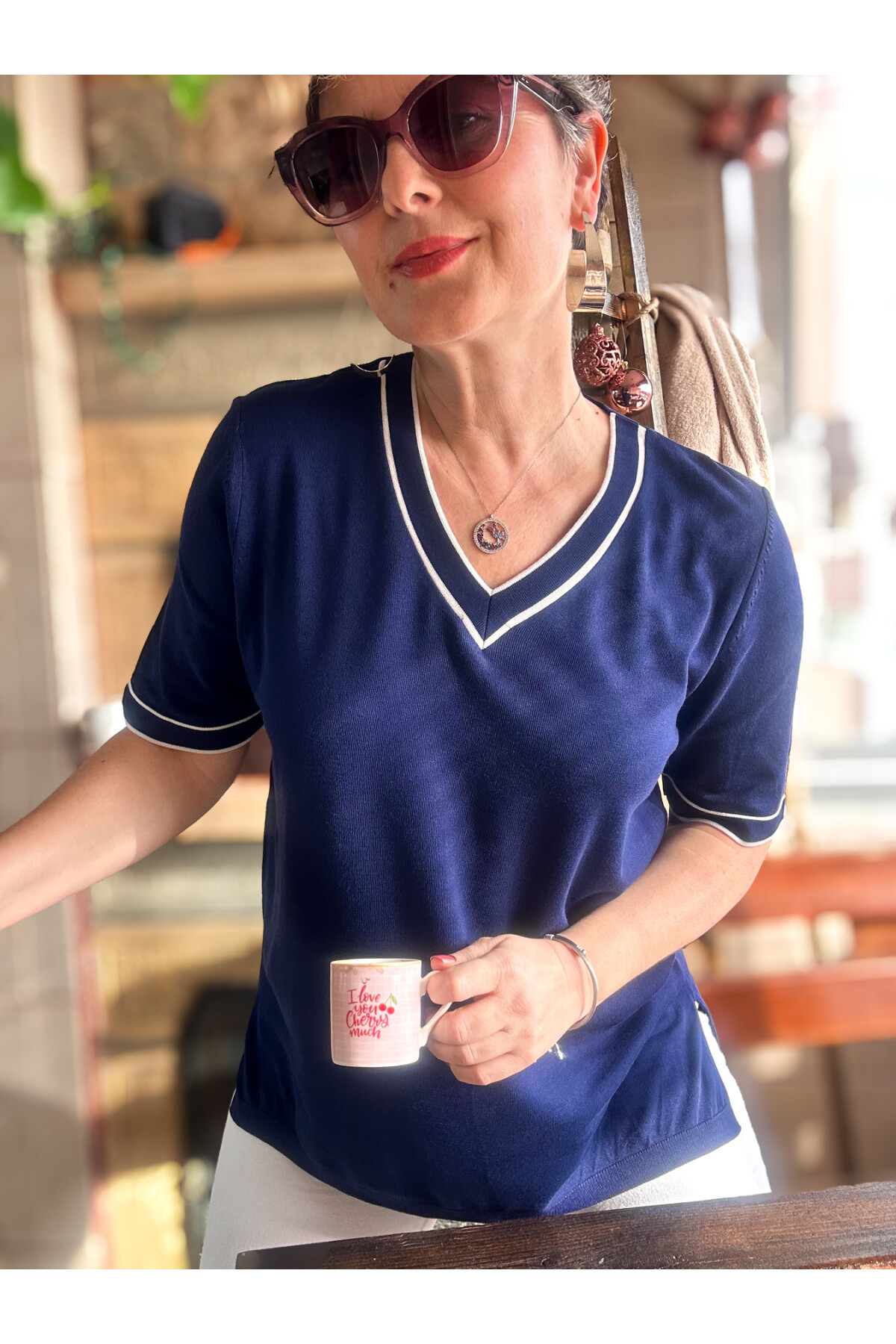 Orfe V Yaka Ve Kol Çizgili Triko Bluz Lacivert