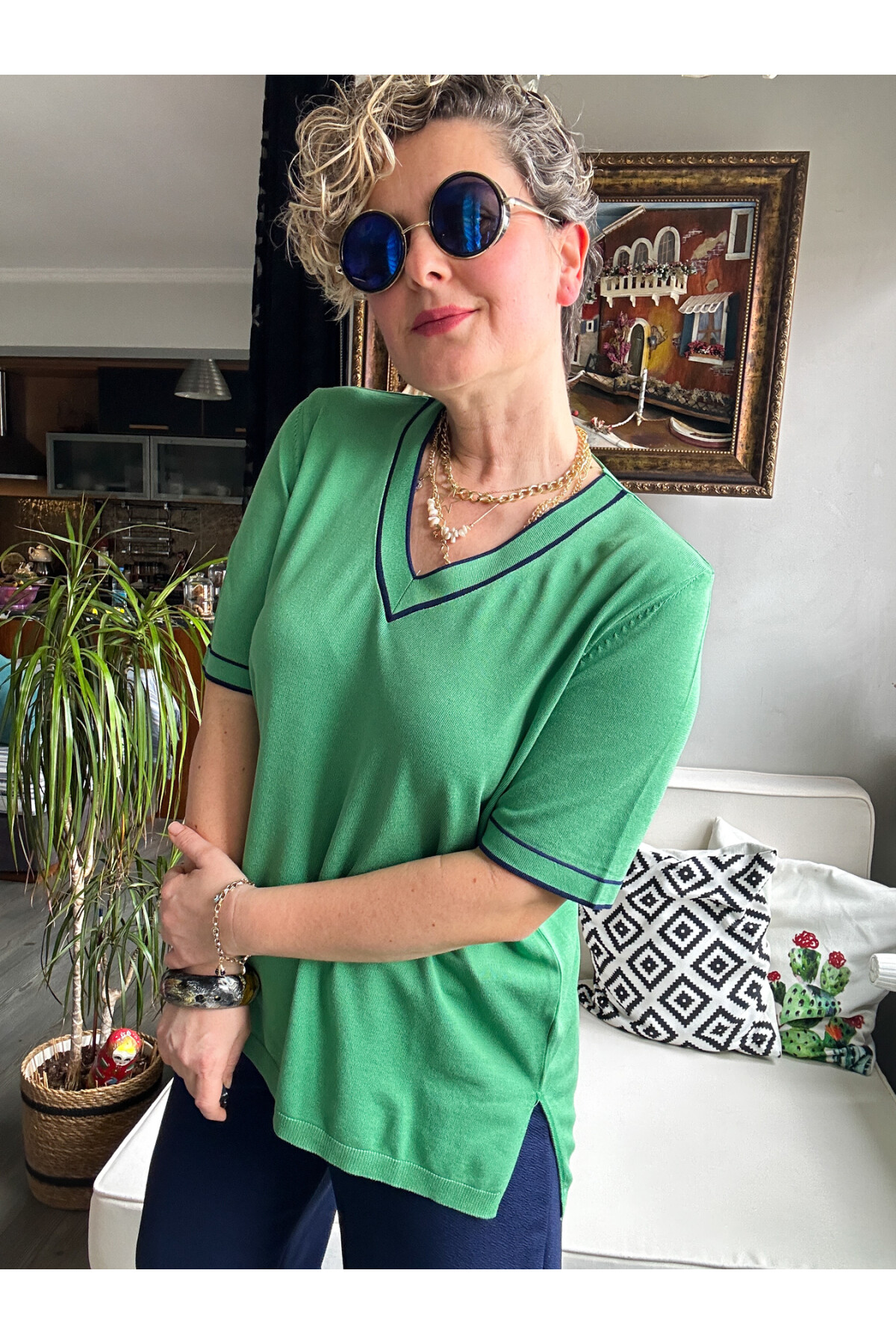 Orfe V Yaka Ve Kol Çizgili Triko Bluz Yeşil