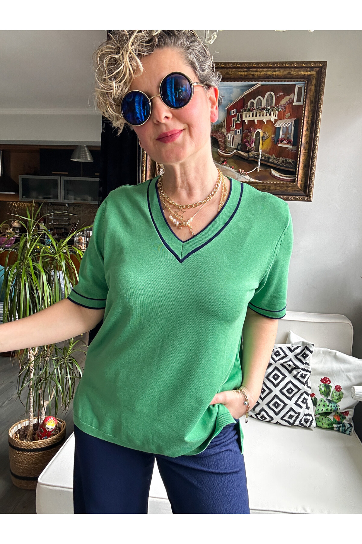 Orfe V Yaka Ve Kol Çizgili Triko Bluz Yeşil