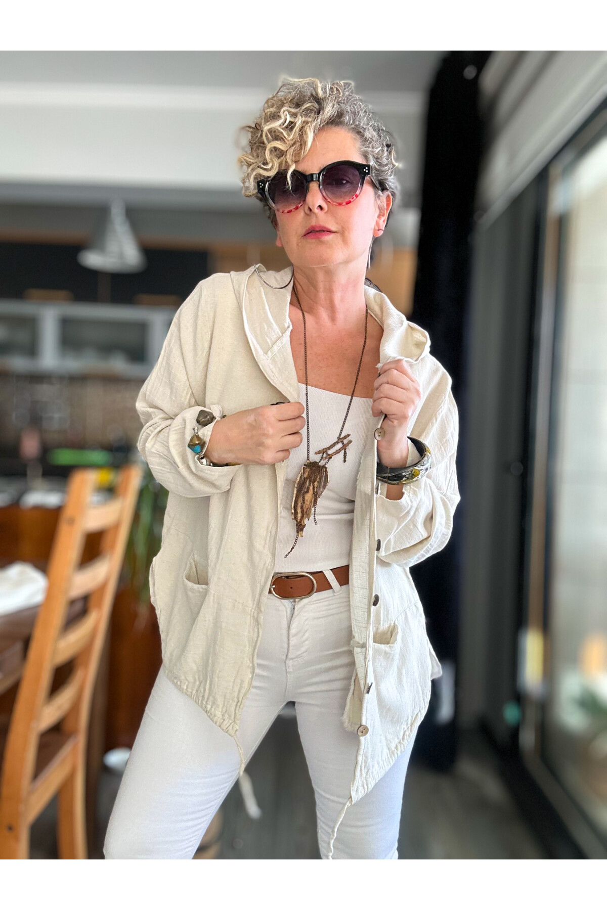 Papel Nakış Detaylı İpli Kapşonlu Hırka Ceket Ekru