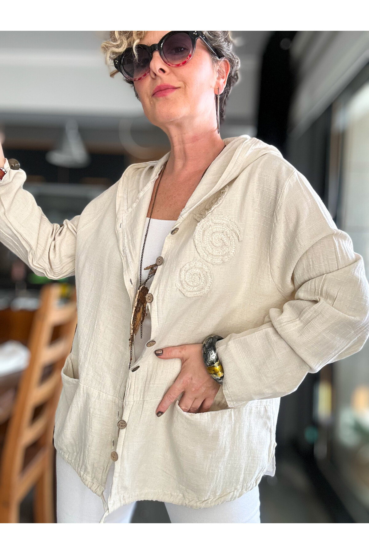 Papel Nakış Detaylı İpli Kapşonlu Hırka Ceket Ekru