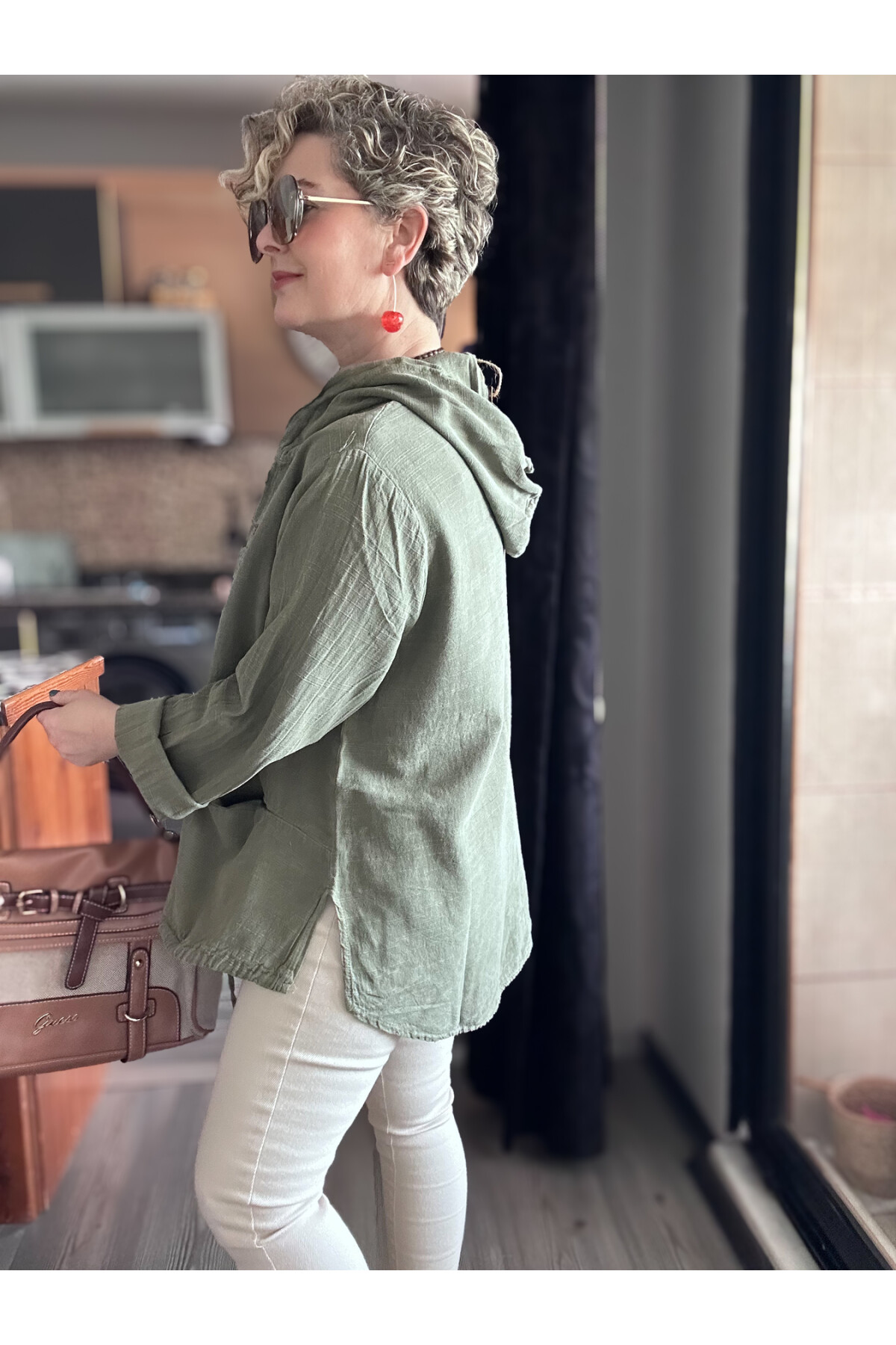 Papel Nakış Detaylı İpli Kapşonlu Hırka Ceket Haki