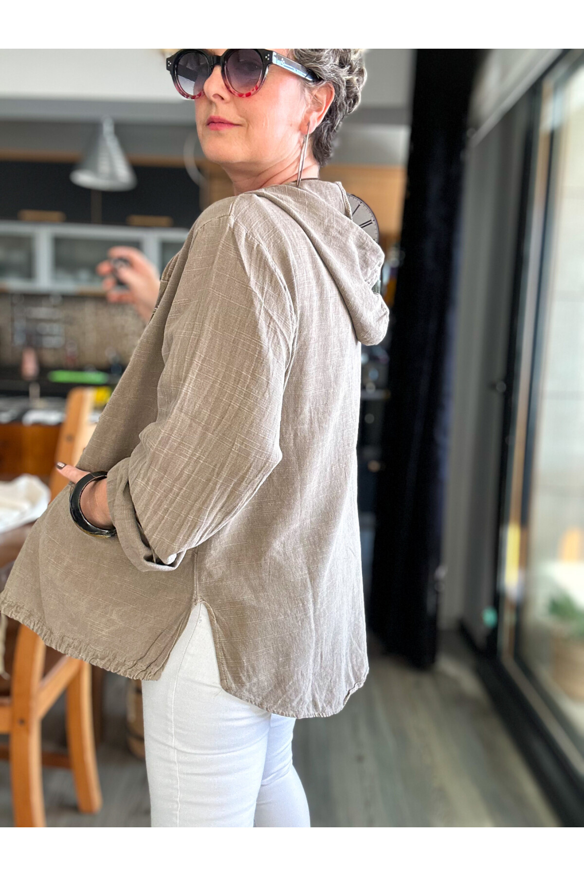 Papel Nakış Detaylı İpli Kapşonlu Hırka Ceket Vizon