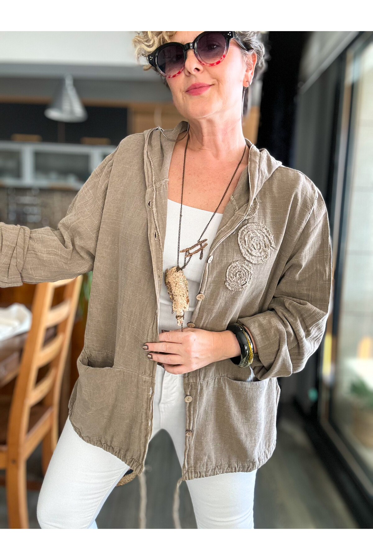 Papel Nakış Detaylı İpli Kapşonlu Hırka Ceket Vizon