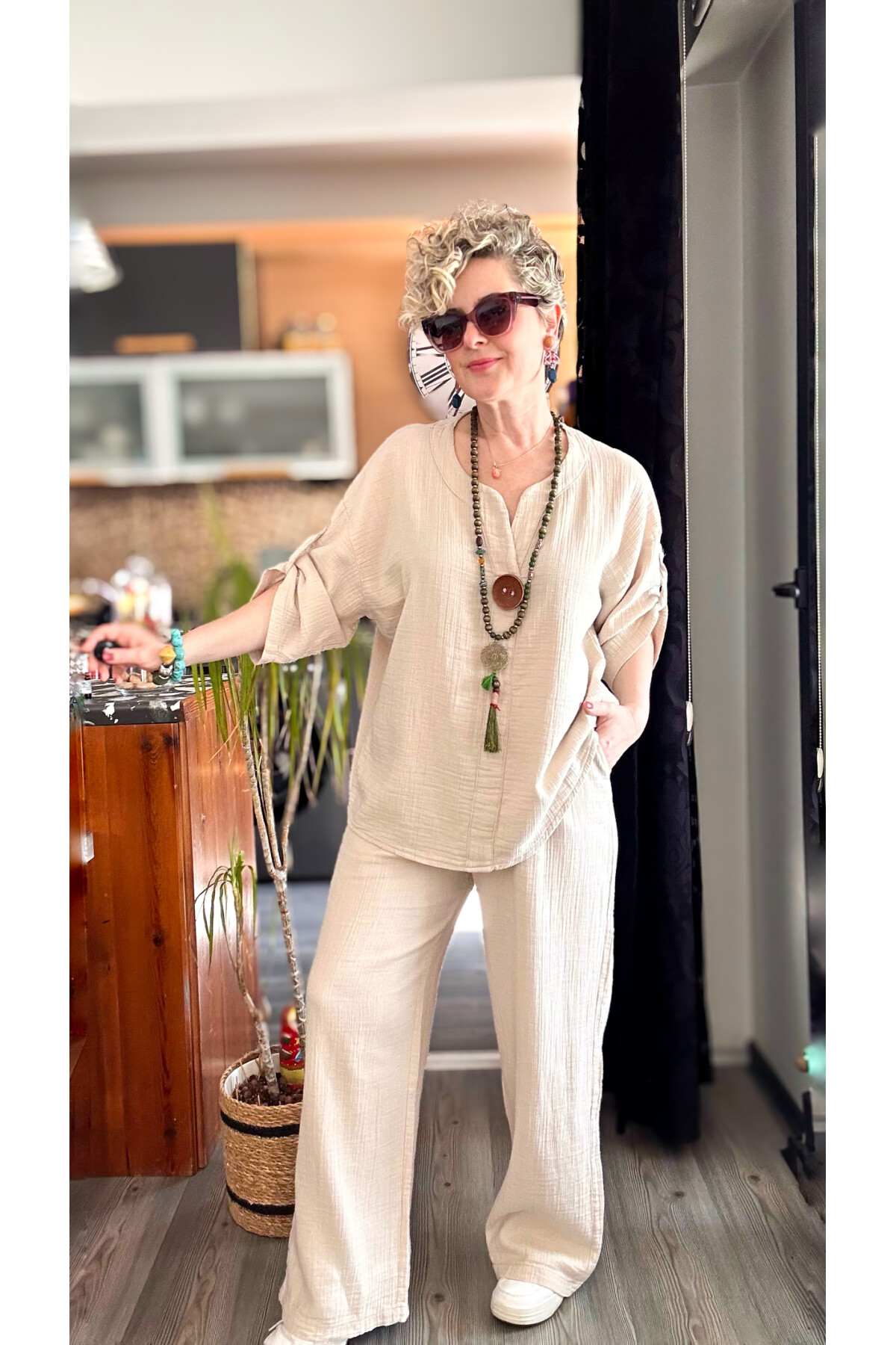 Passero Müslin Tahta Düğmeli Bluz Pantolon Takım Bej