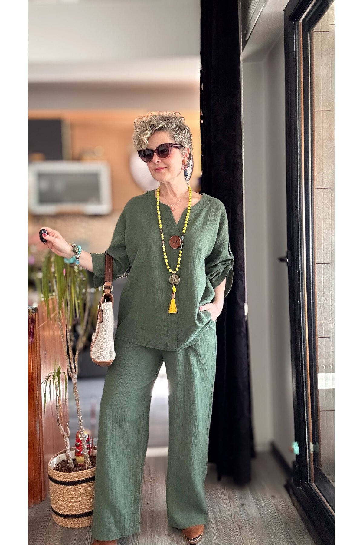 Passero Müslin Tahta Düğmeli Bluz Pantolon Takım Haki Yeşil