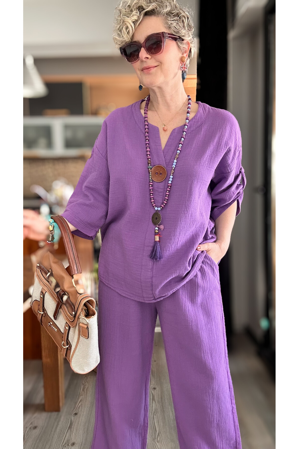 Passero Müslin Tahta Düğmeli Bluz Pantolon Takım Mor