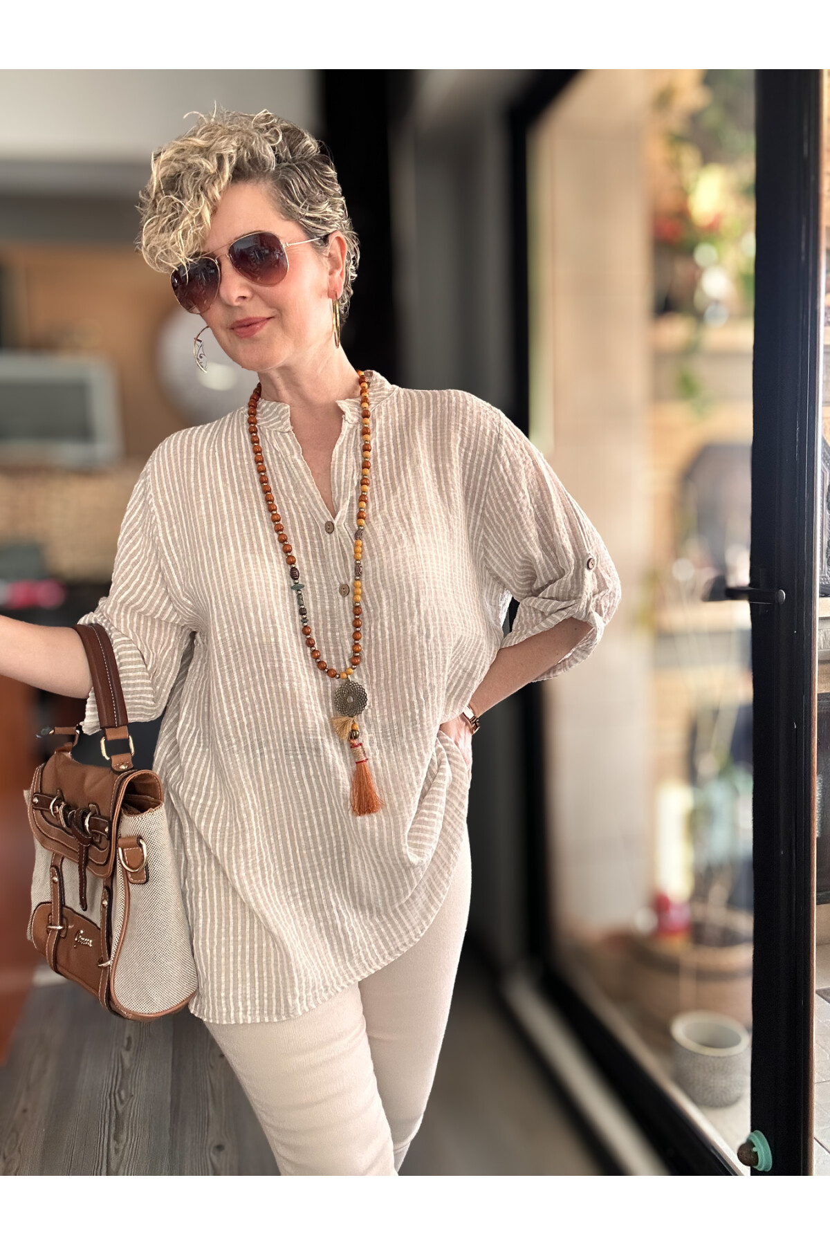 Patto Çizgi Desen İtalyan Gömlek Beige