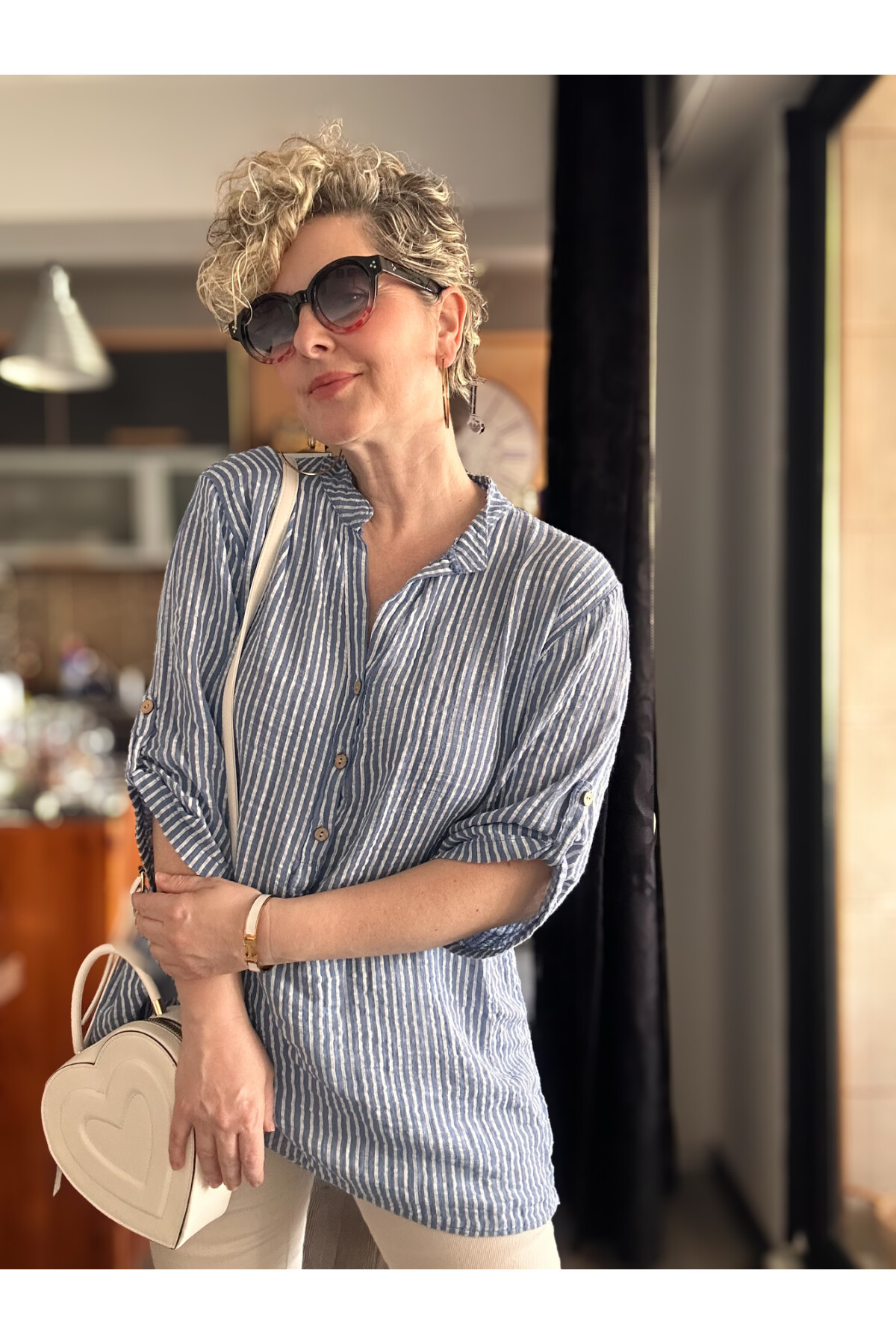 Patto Çizgi Desen İtalyan Gömlek Jeans Mavi