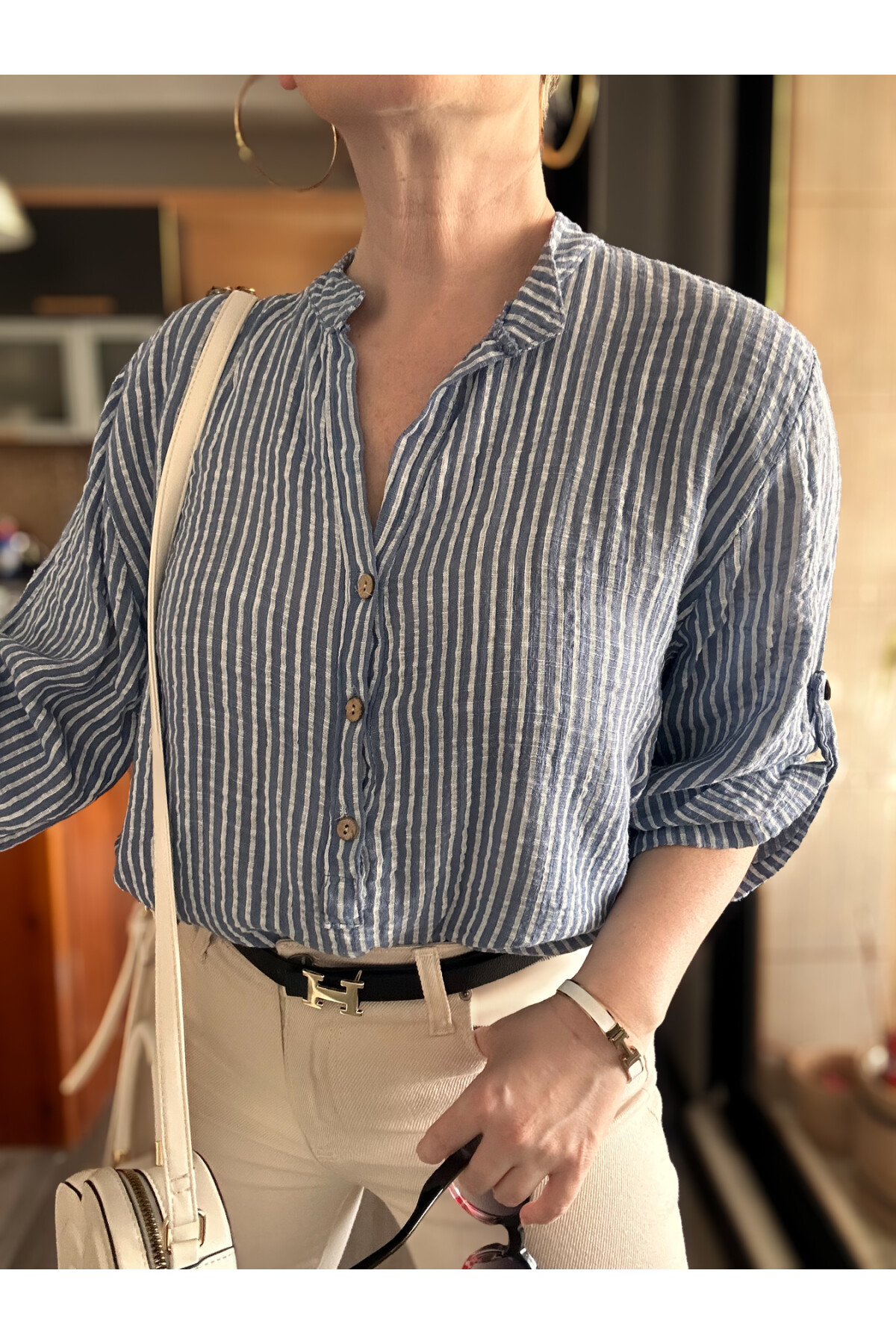 Patto Çizgi Desen İtalyan Gömlek Jeans Mavi