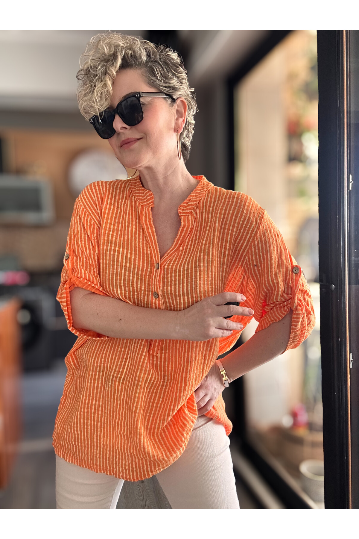 Patto Çizgi Desen İtalyan Gömlek Orange