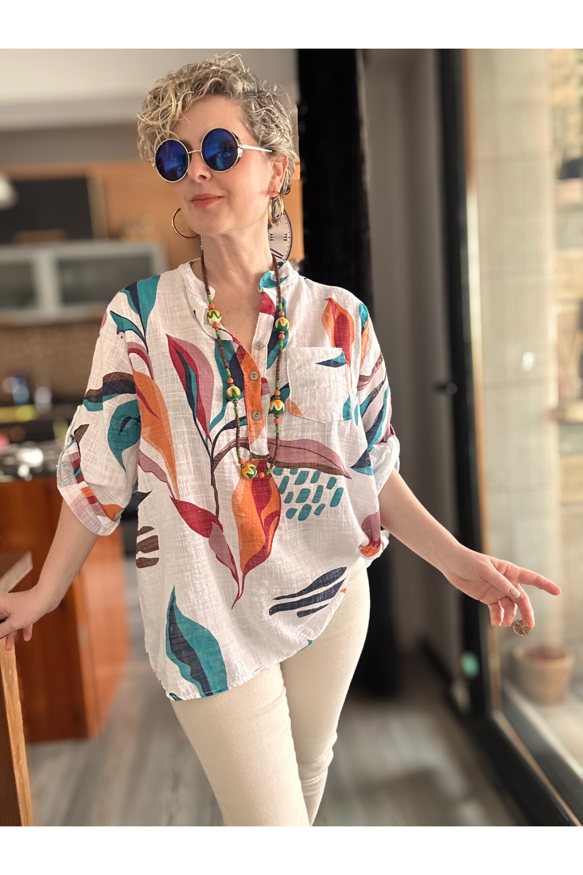 Pavvi Lotus Desen İtalyan Gömlek Beyaz