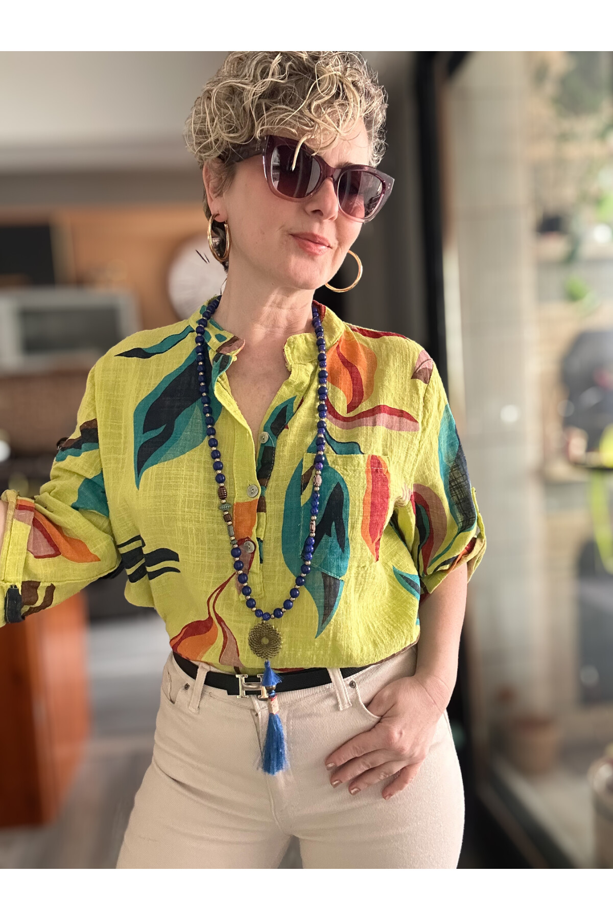 Pavvi Lotus Desen İtalyan Gömlek Sarı