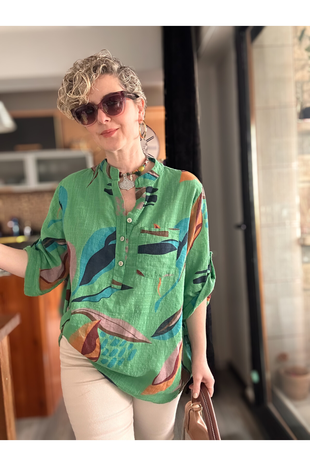Pavvi Lotus Desen İtalyan Gömlek Yeşil